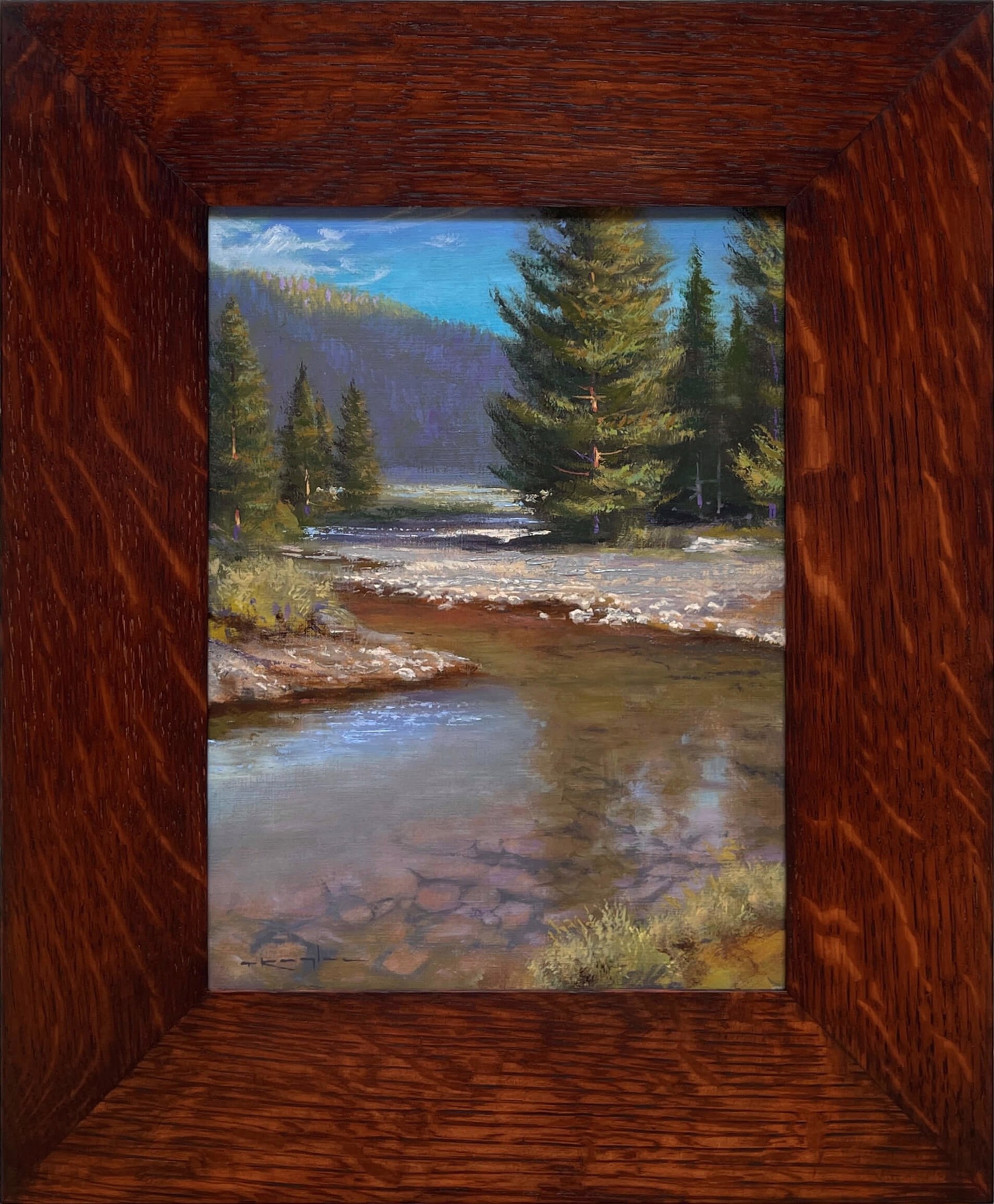 A painting of a river in the middle of a forest.