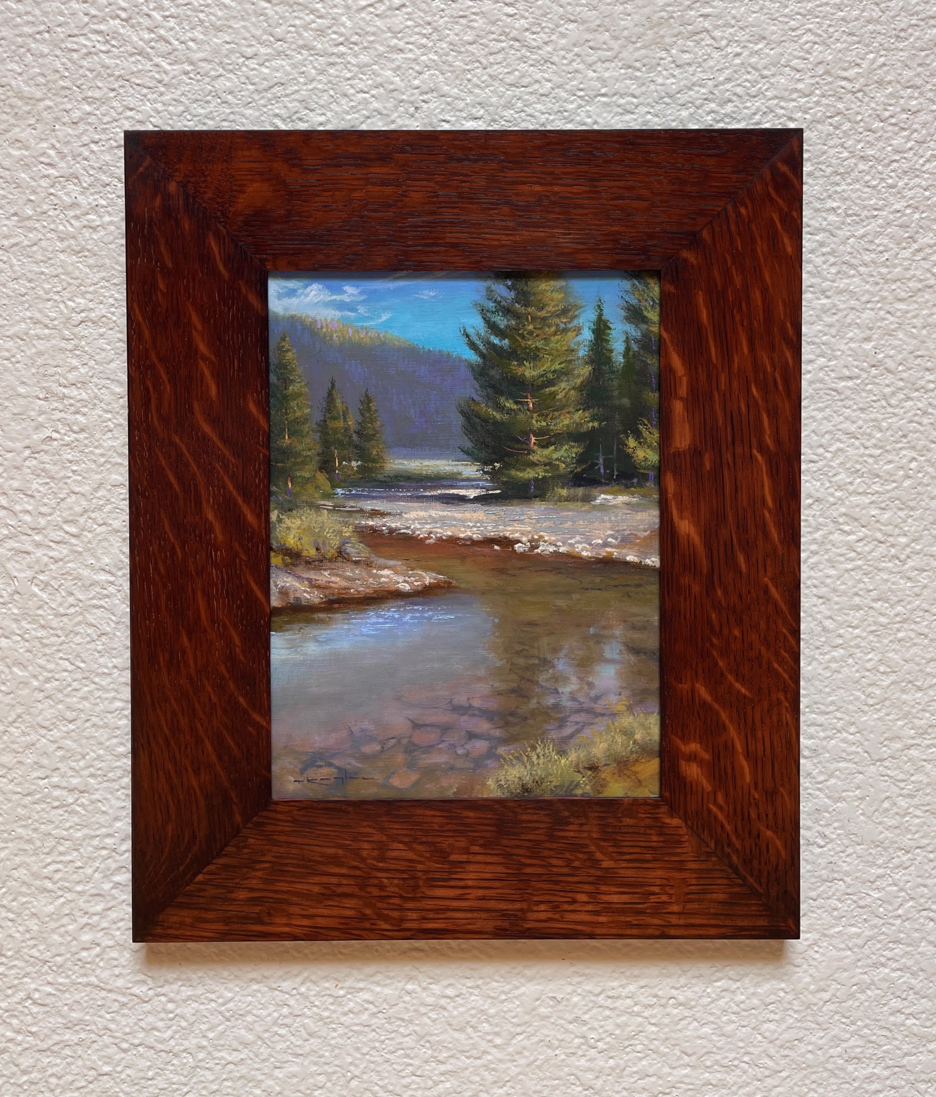 A painting of a river in the middle of a forest.