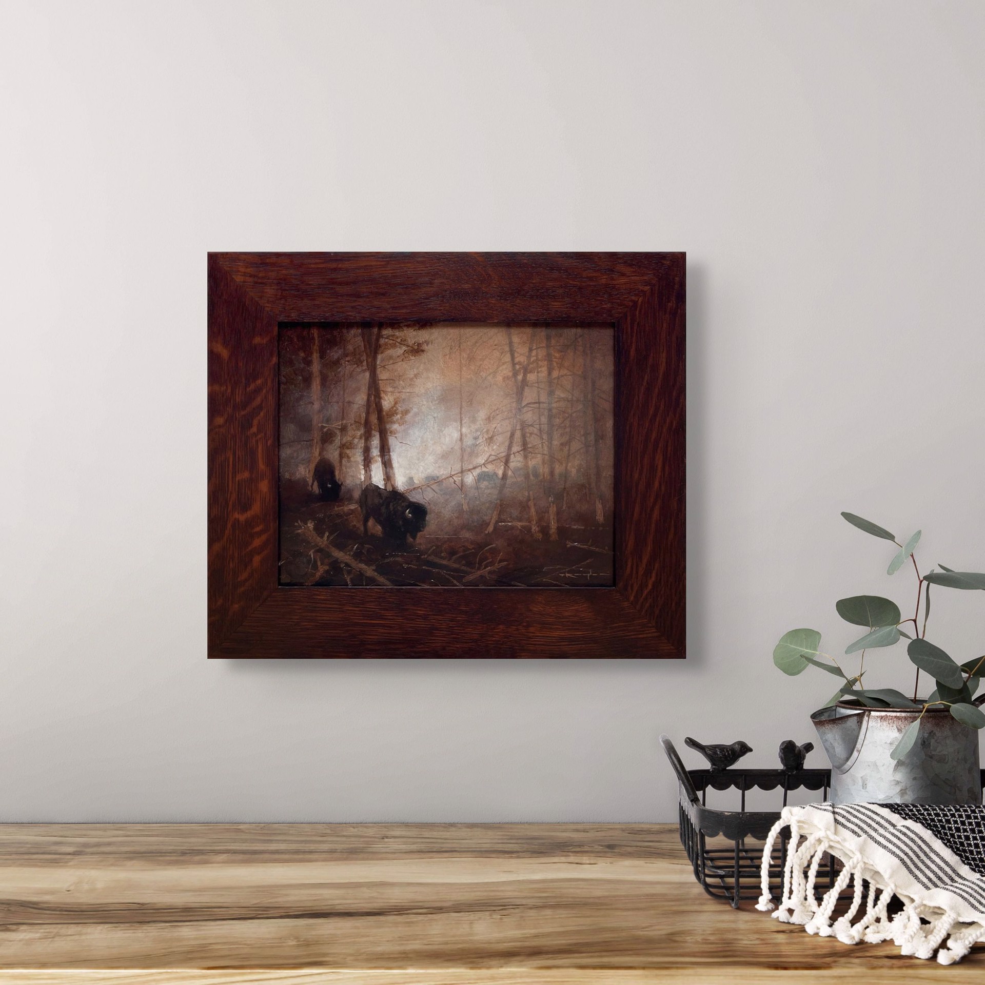 A painting of two bison in a wooded area in the woods.