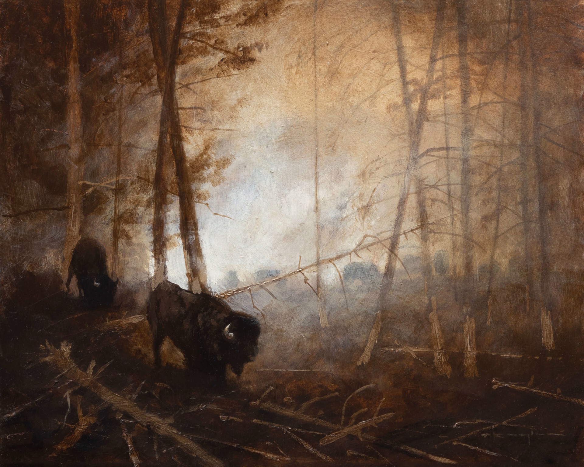 A painting of two bison in a wooded area in the woods.