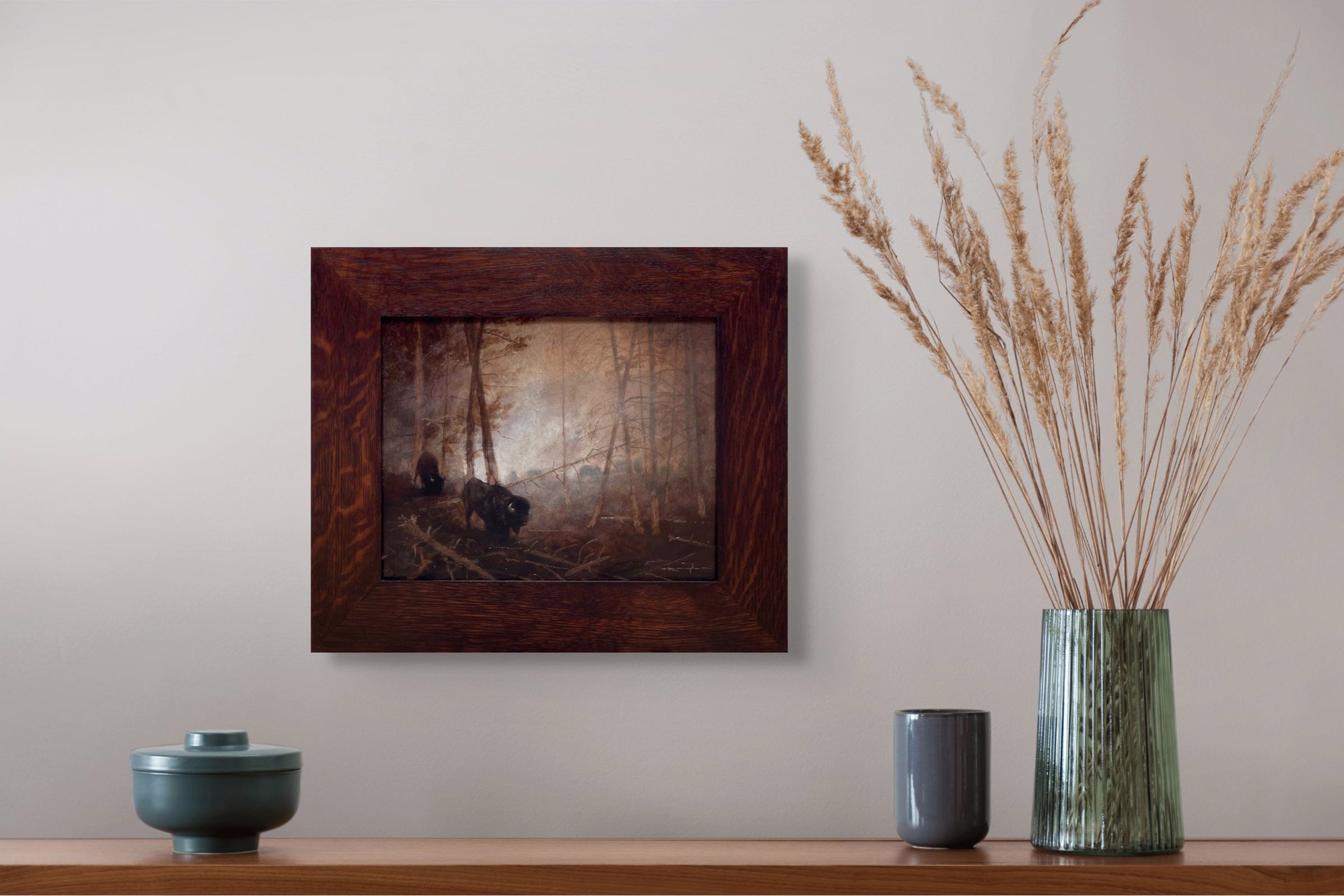 A painting of two bison in a wooded area in the woods.