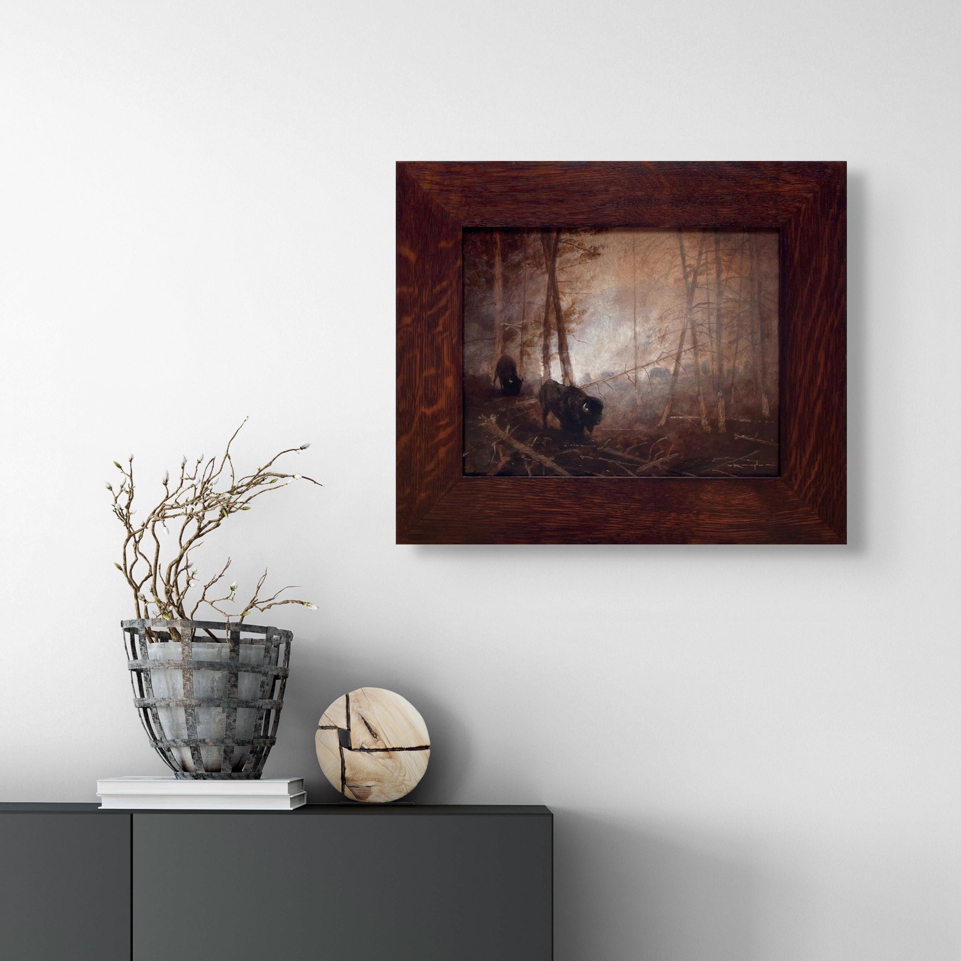 A painting of two bison in a wooded area in the woods.