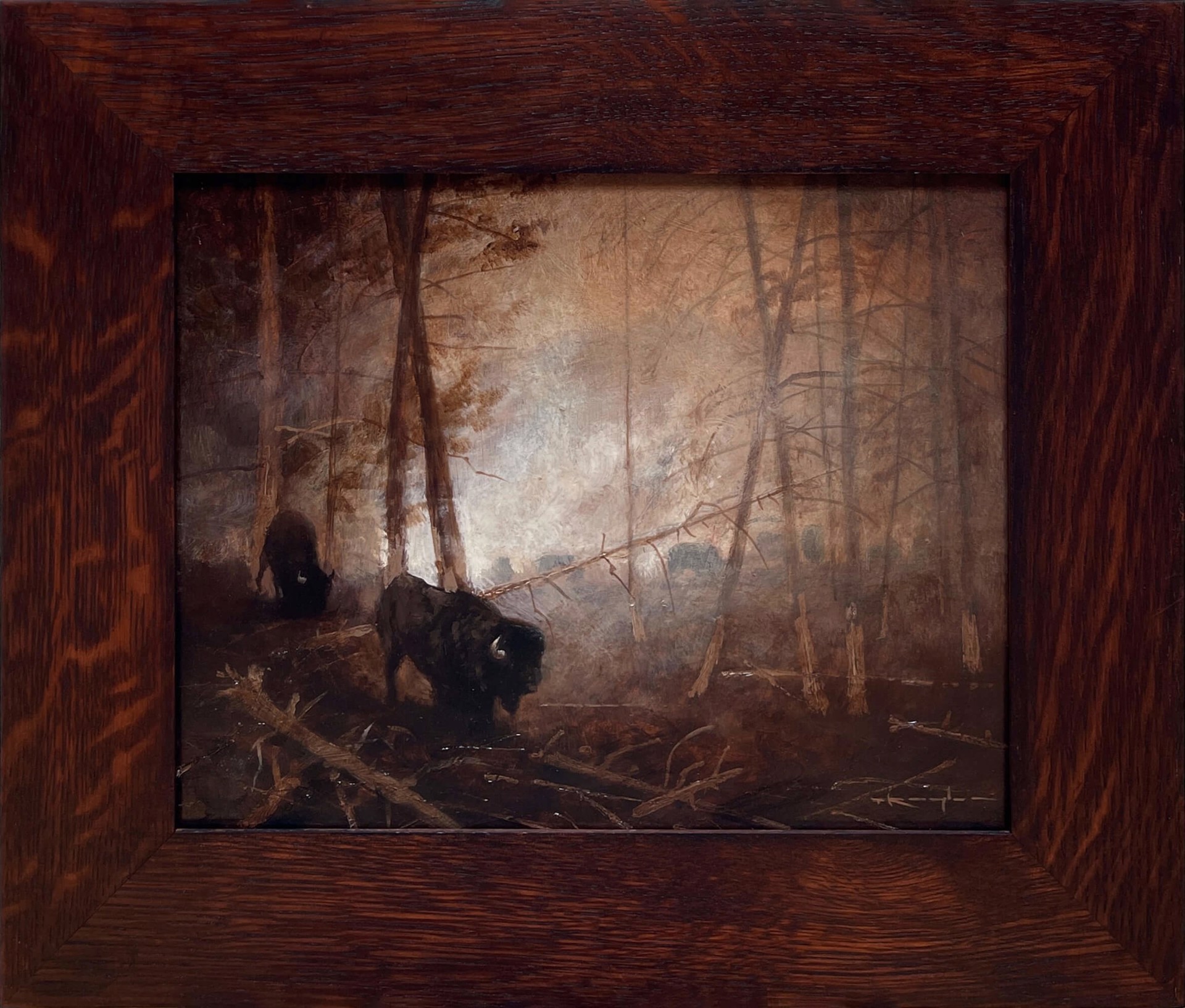 A painting of two bison in a wooded area in the woods.