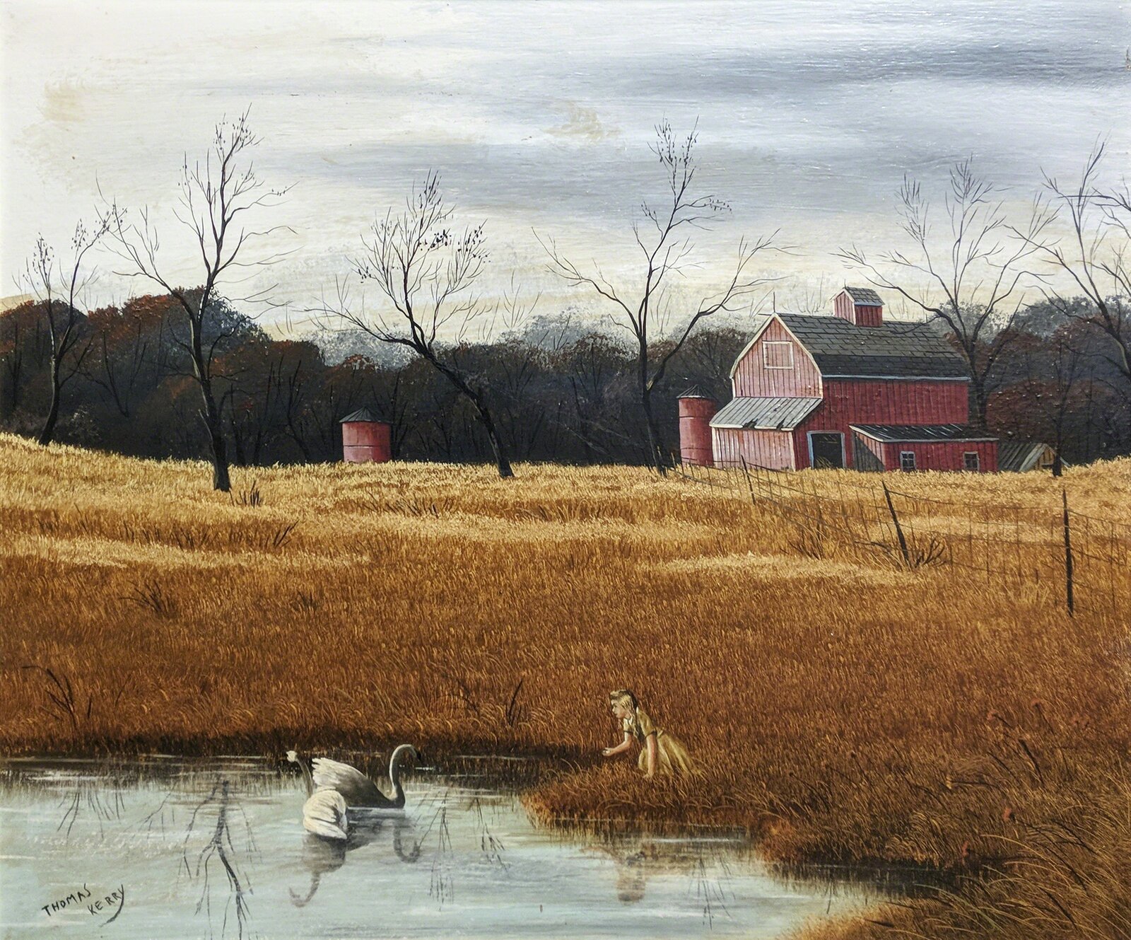A painting of a woman and two swans in a field.