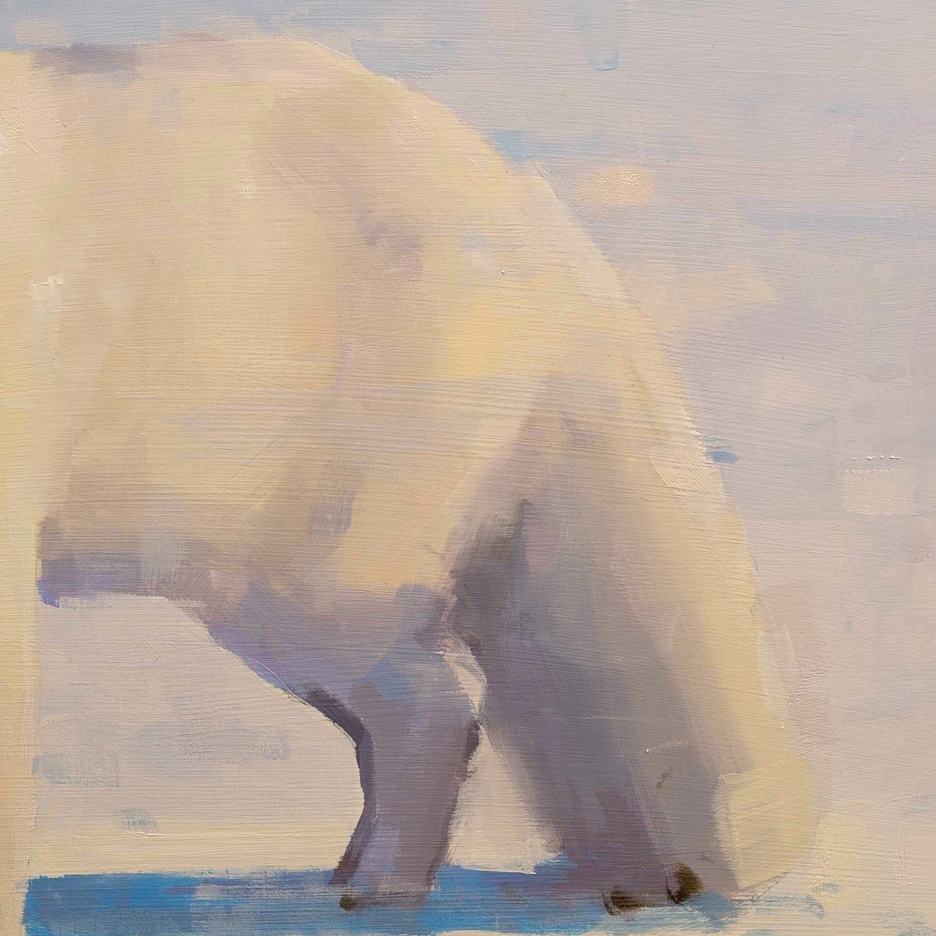 A painting of a white fox standing in the snow.