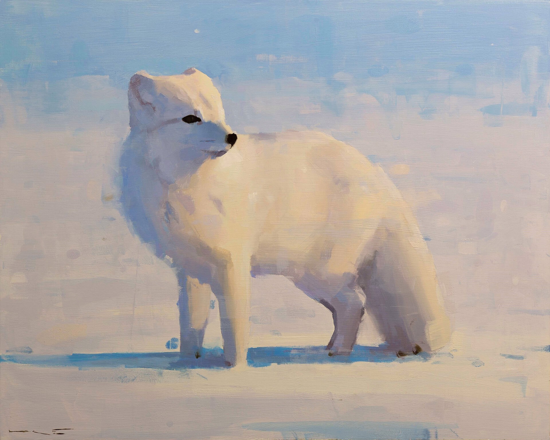 A painting of a white fox standing in the snow.