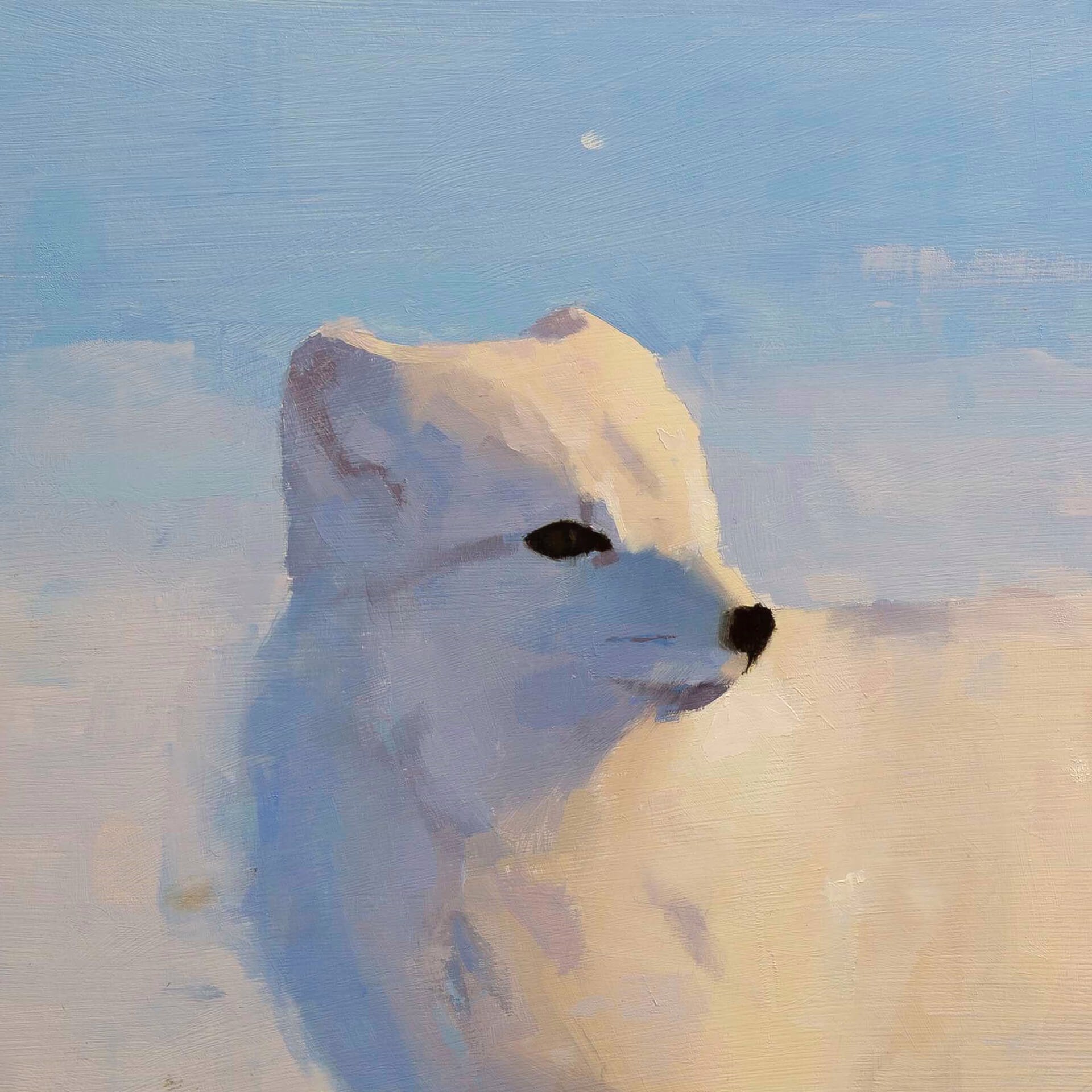 A painting of a white fox standing in the snow.