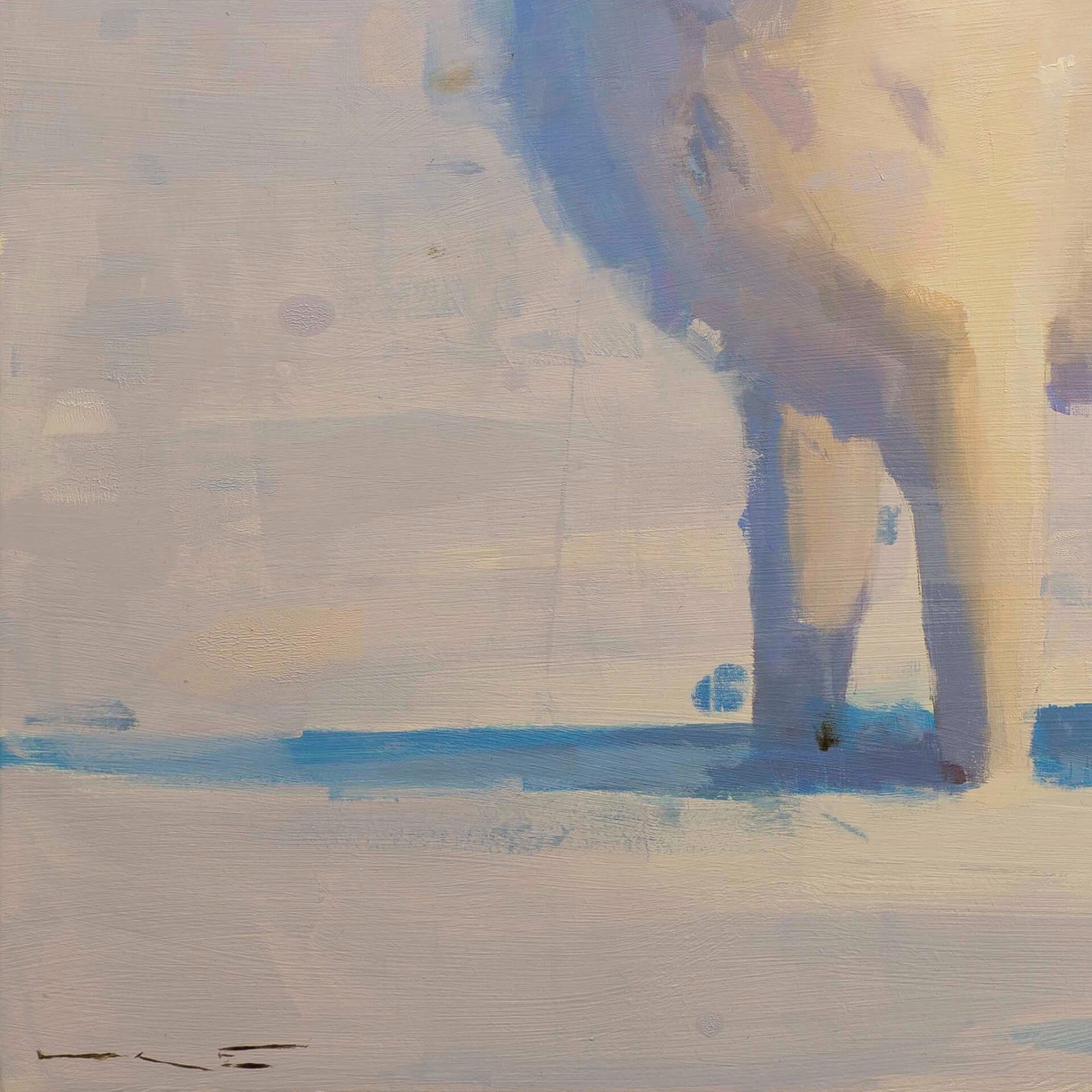 A painting of a white fox standing in the snow.