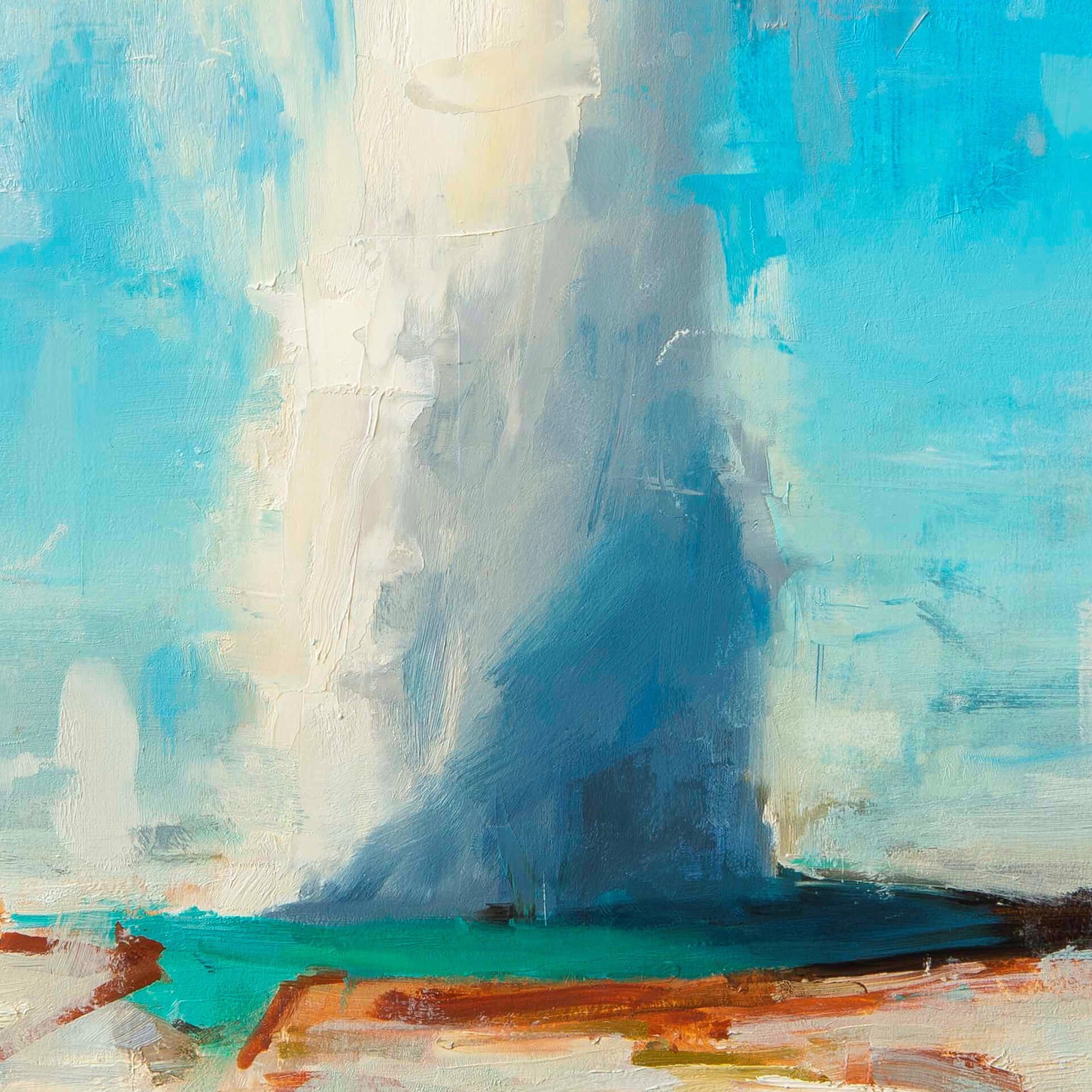 A painting of a geysel in the middle of a desert.