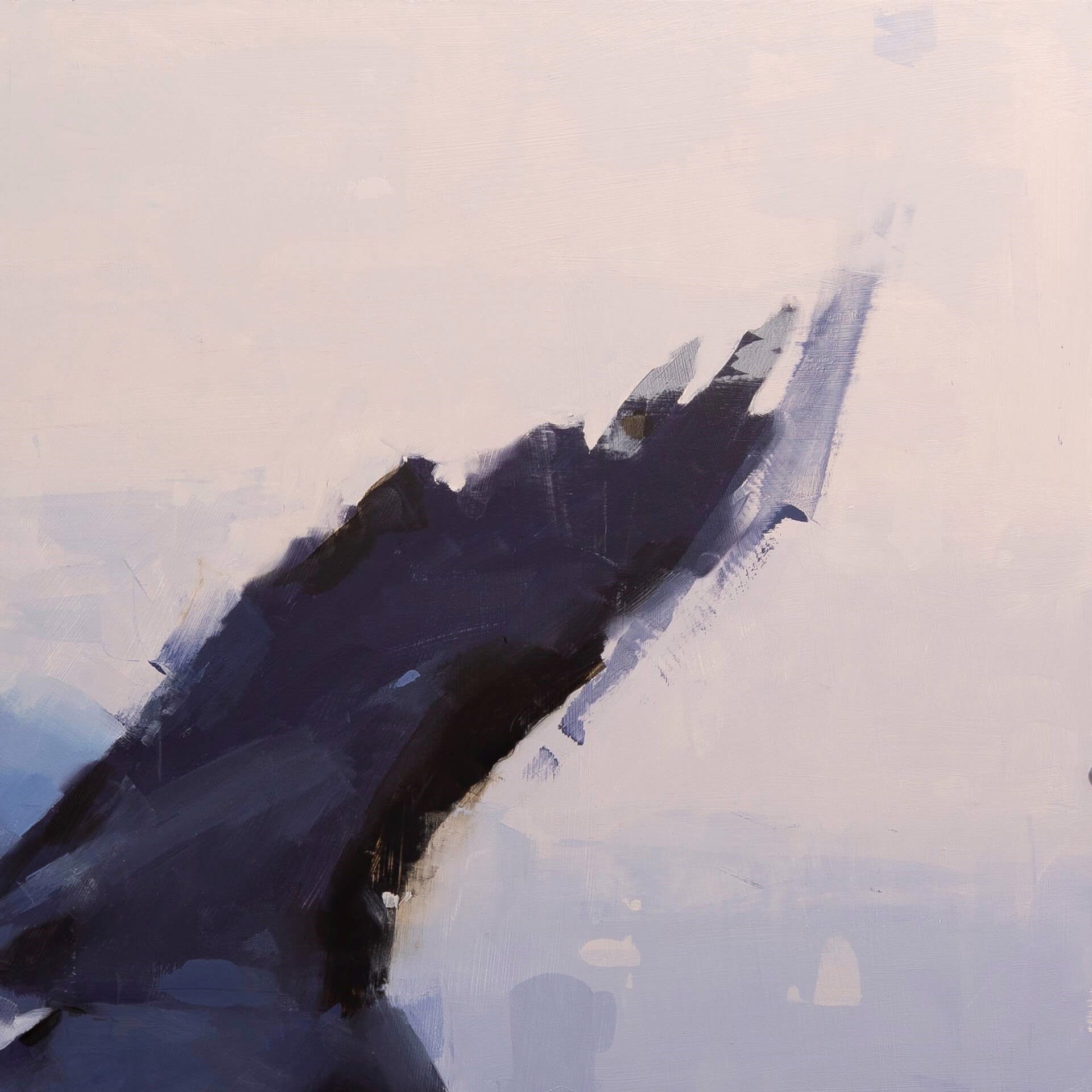 A painting of a black bird flying through the air.