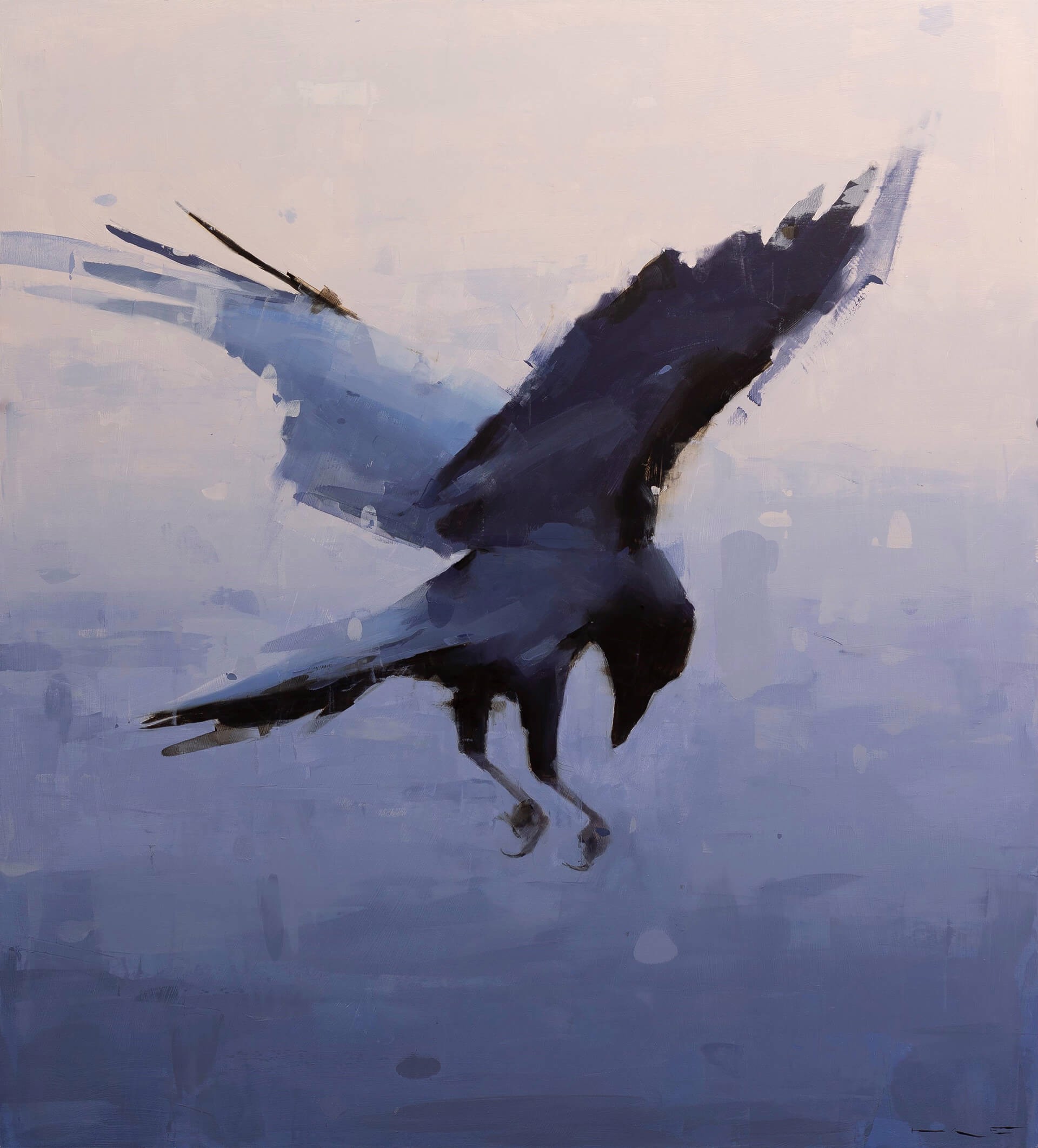 A painting of a black bird flying through the air.