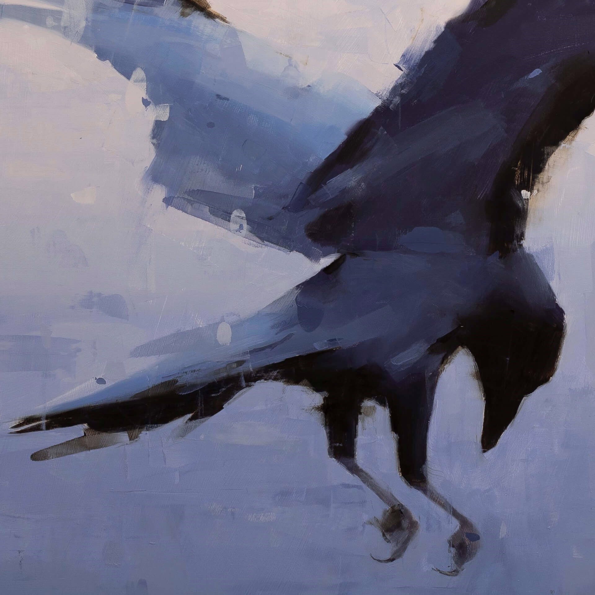 A painting of a black bird flying through the air.