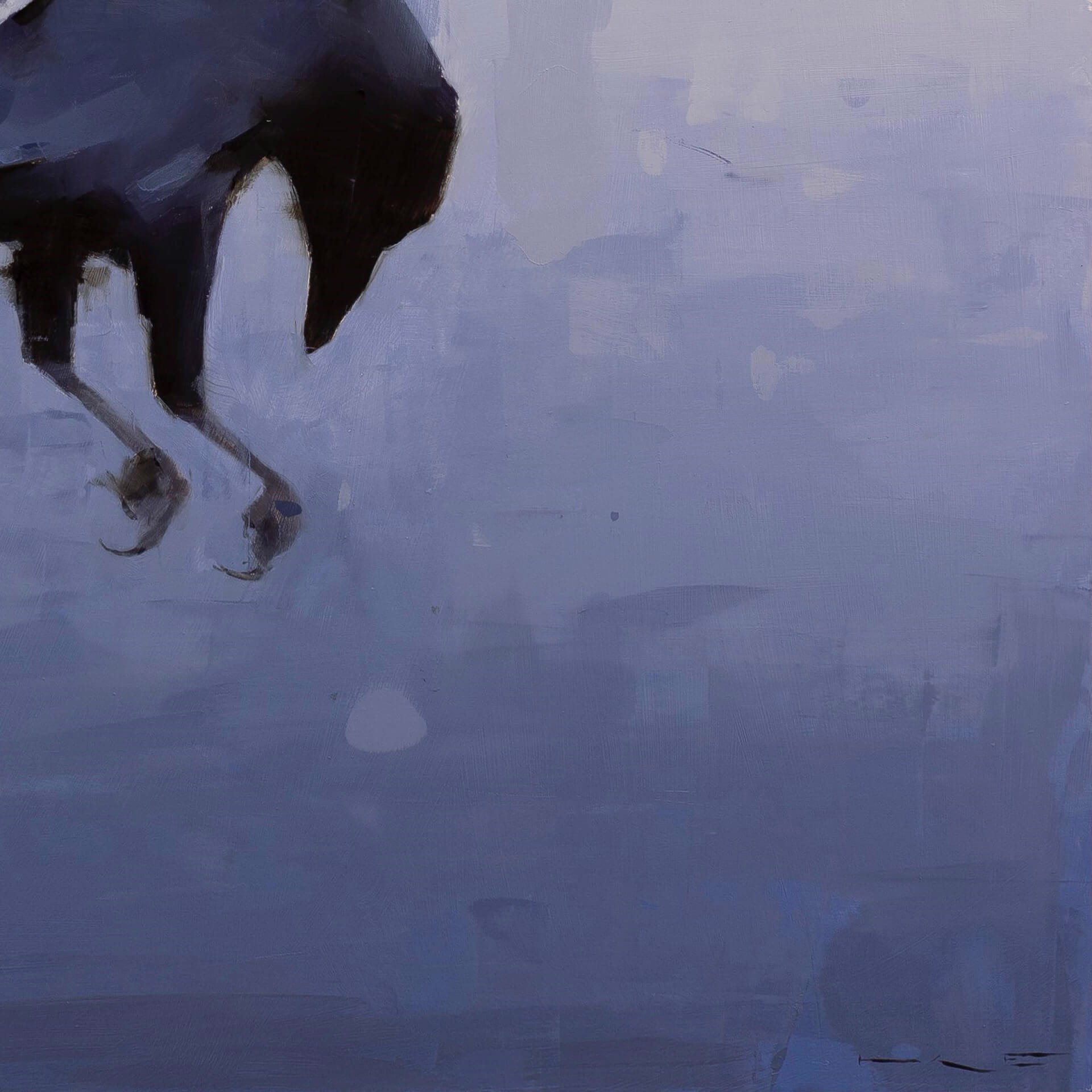 A painting of a black bird flying through the air.