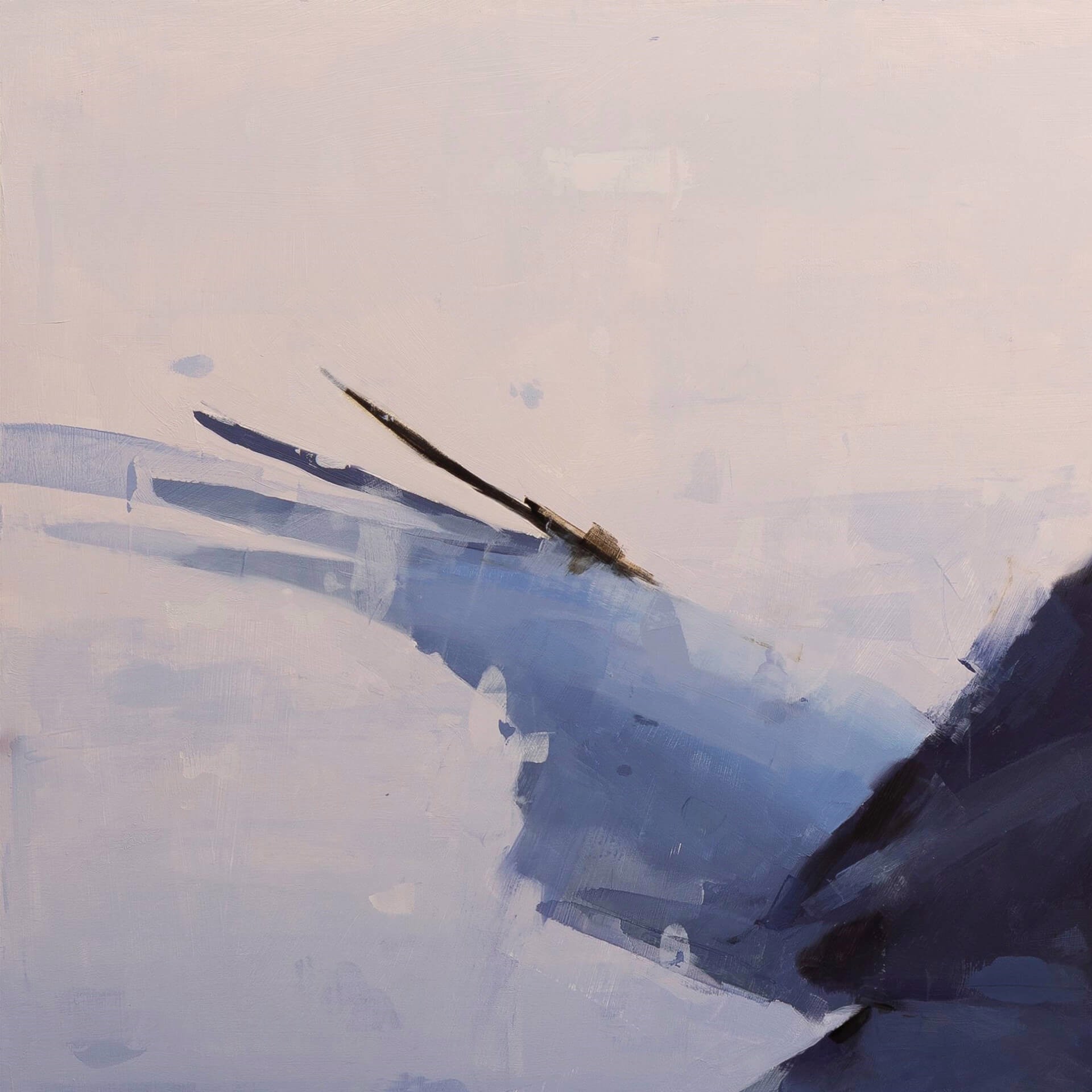 A painting of a black bird flying through the air.