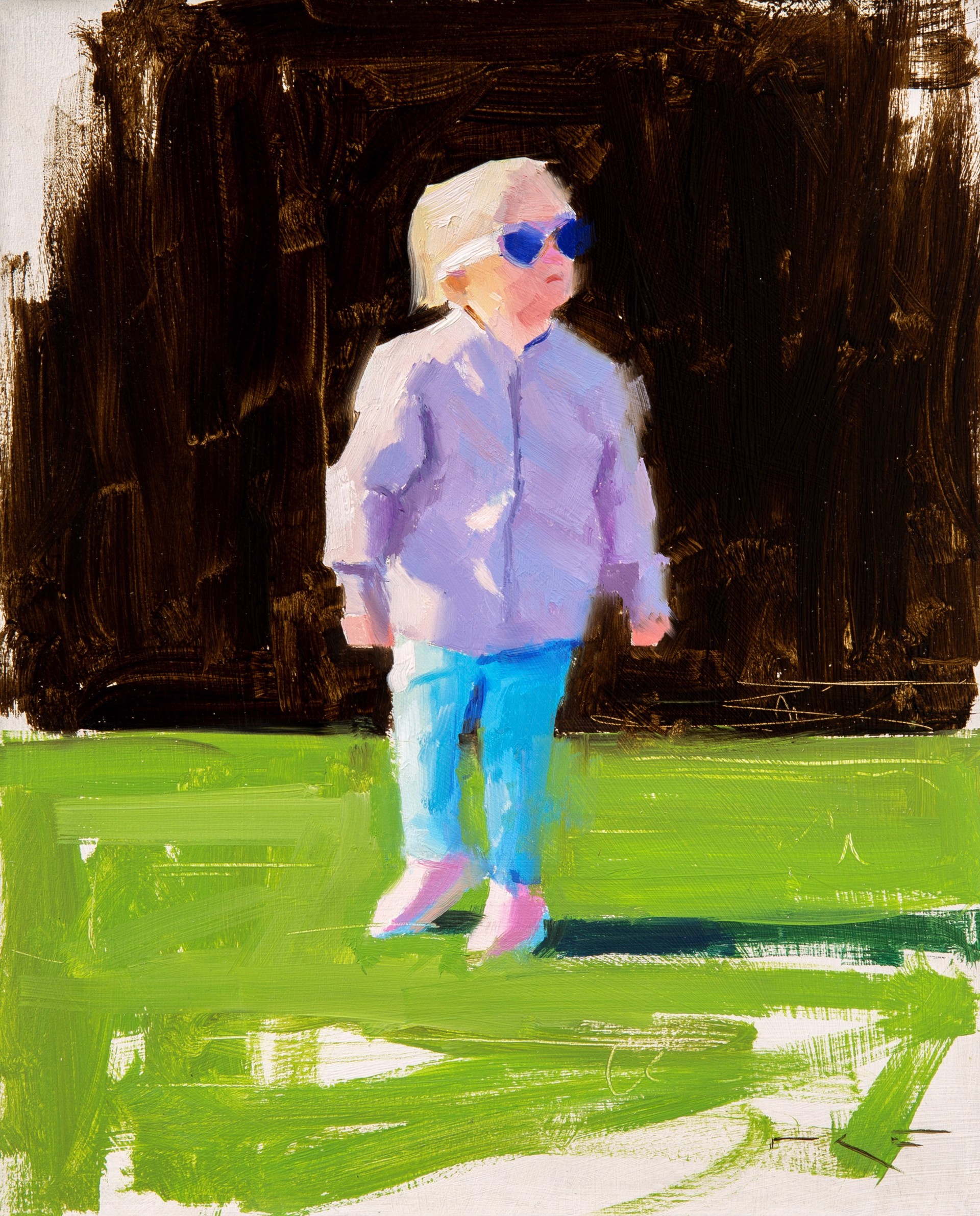 A painting of a little girl wearing sunglasses walking in a park.