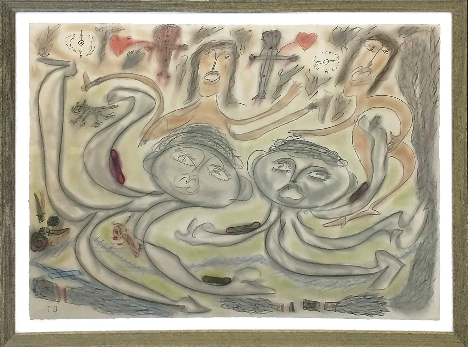 A chaotic, surrealist drawing featuring floating faces and abstract symbols.