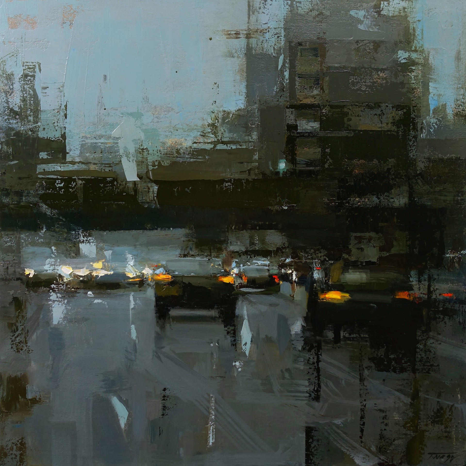 A painting of a city street at night. 