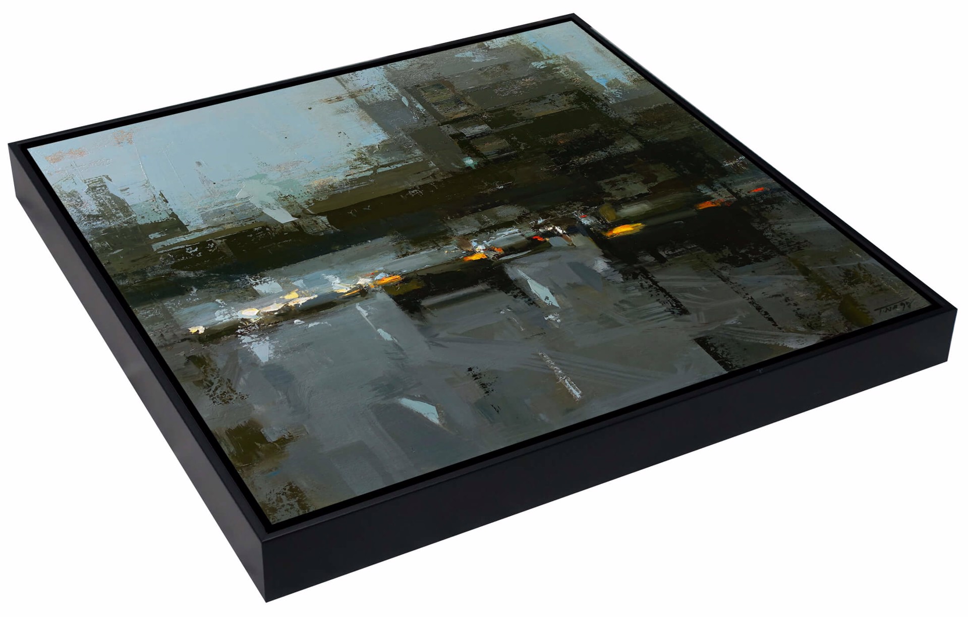 A painting of a city street at night. 