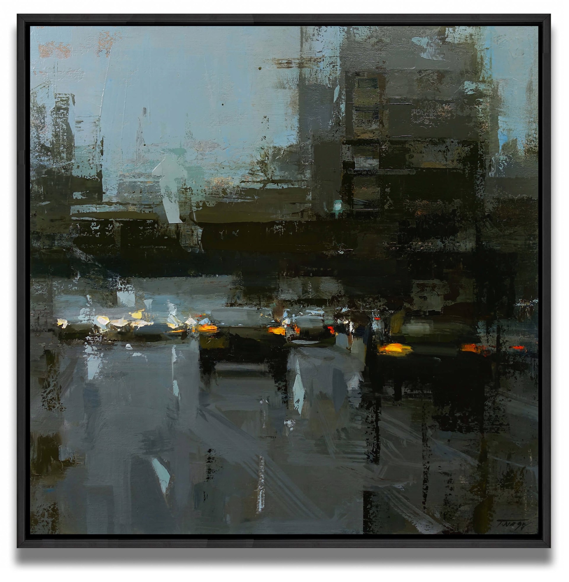 A painting of a city street at night. 
