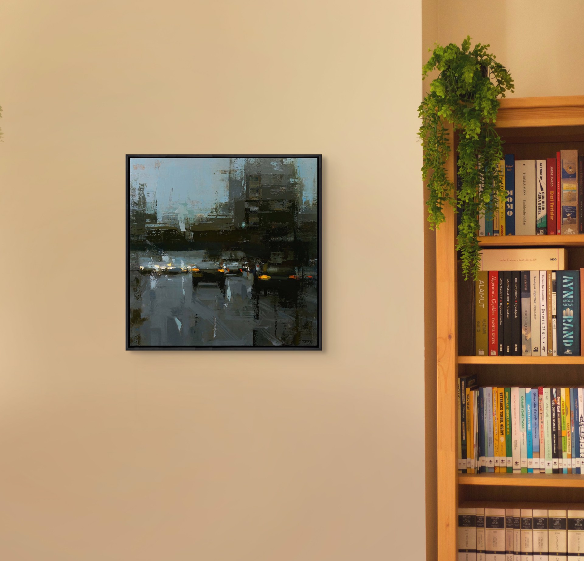 A painting of a city street at night. 