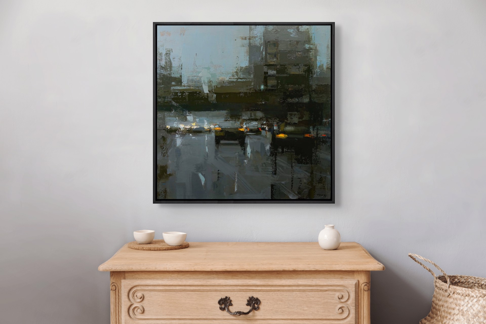 A painting of a city street at night. 