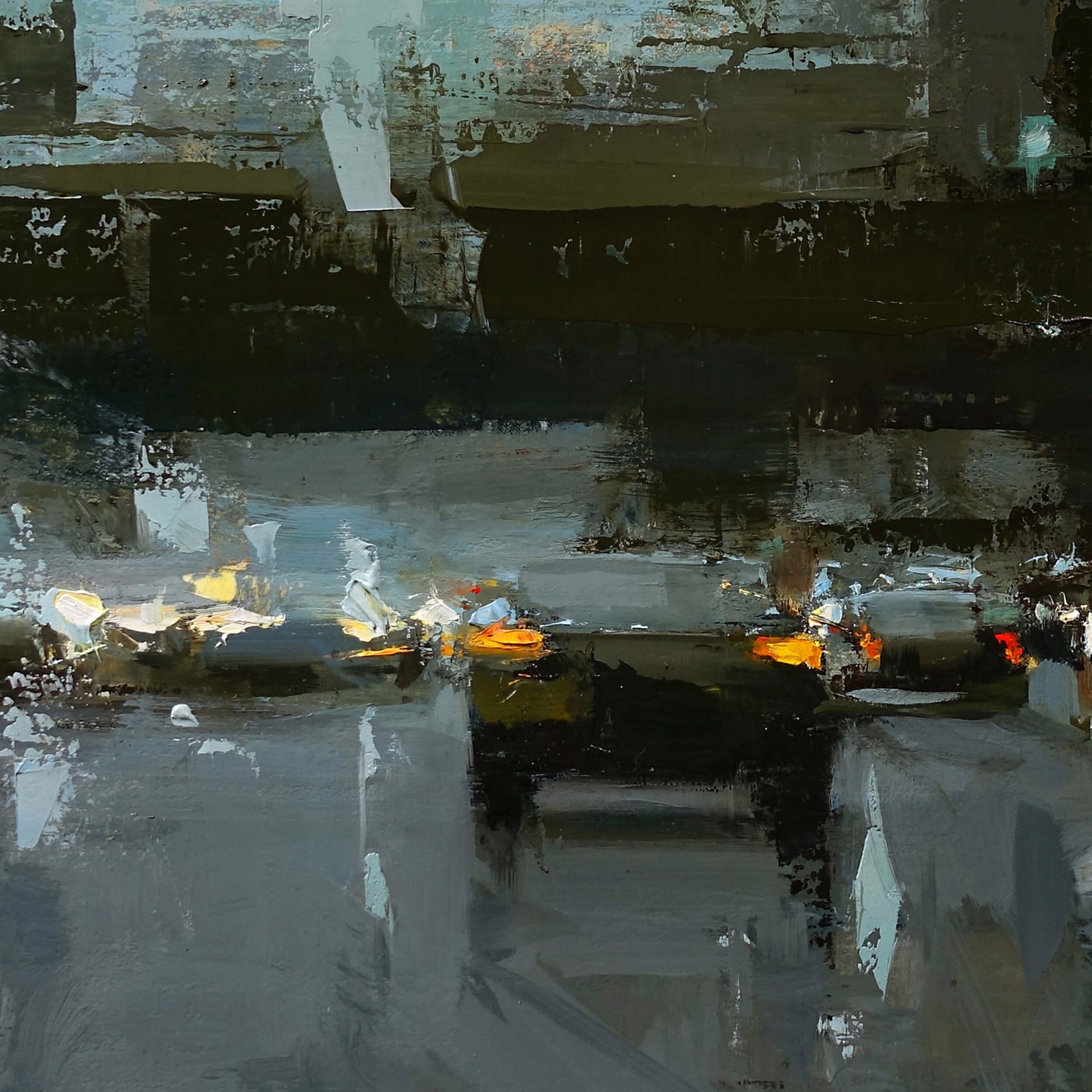 A painting of a city street at night. 