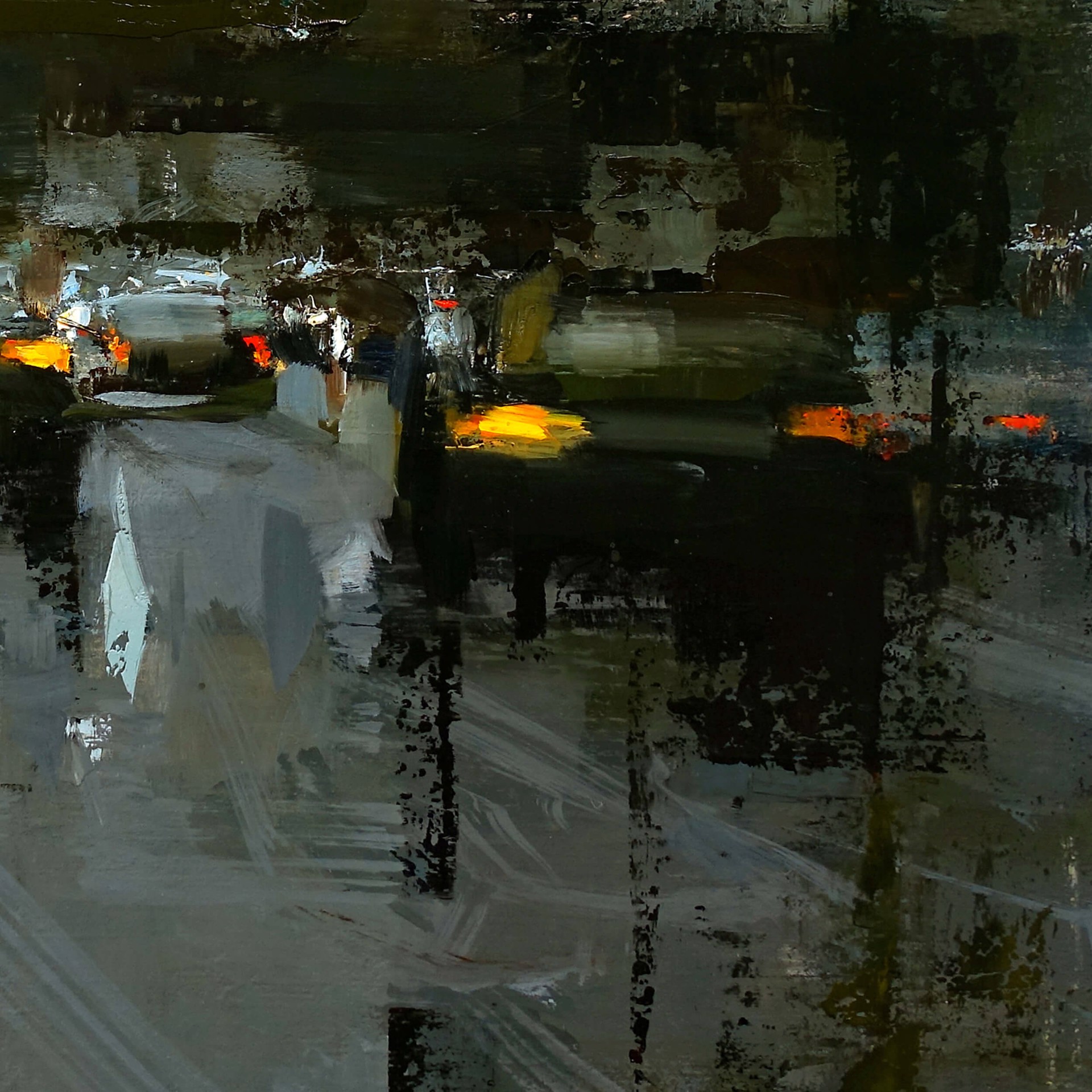 A painting of a city street at night. 