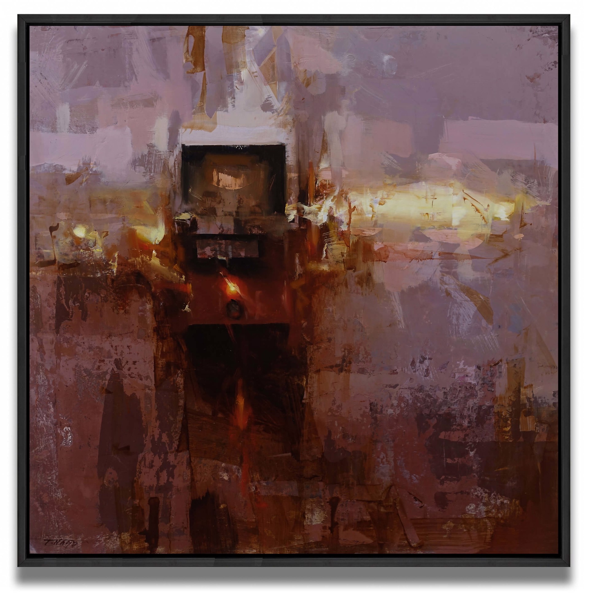 A moody, abstract painting of a dark, rectangular structure emerging from a textured, earthy background.