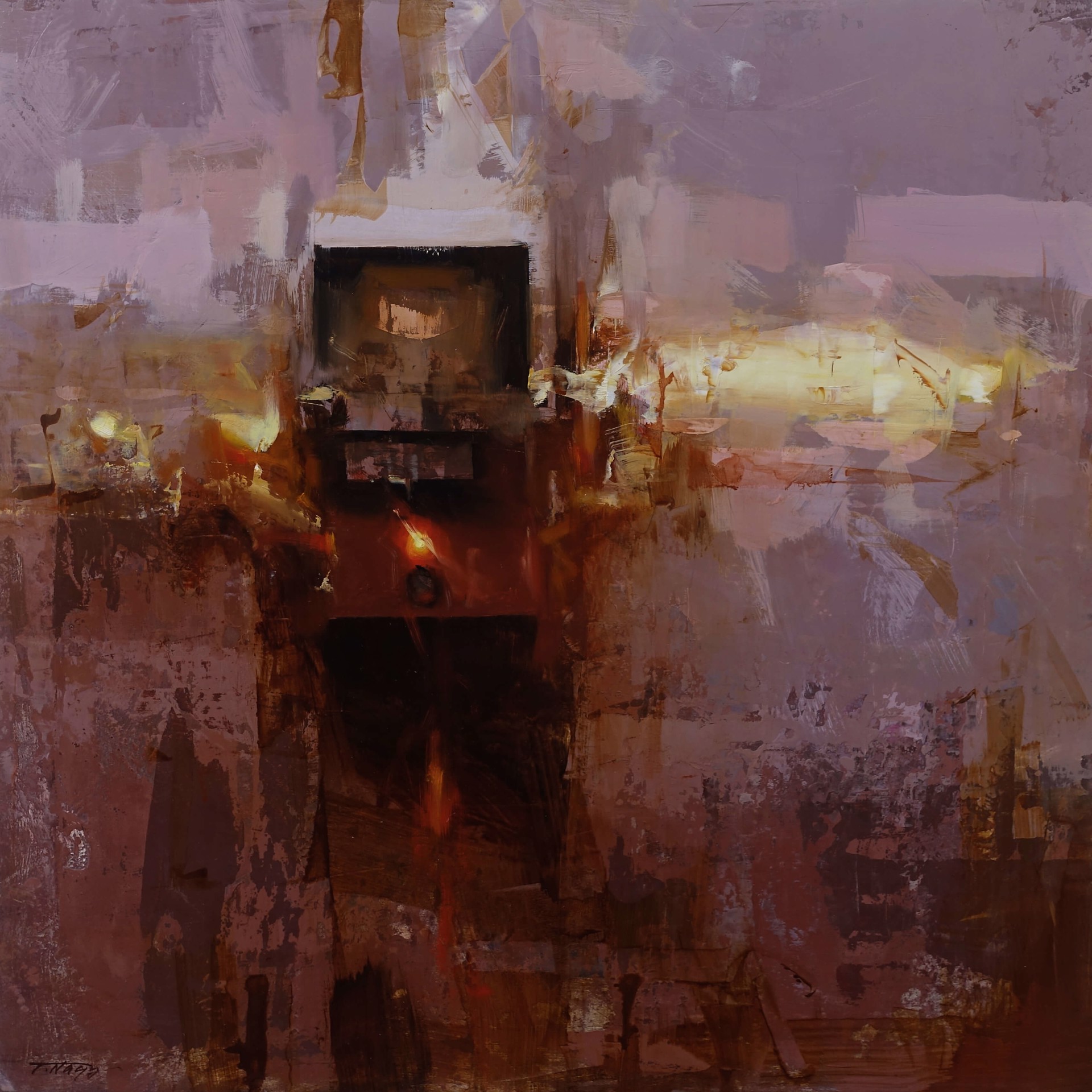 A moody, abstract painting of a dark, rectangular structure emerging from a textured, earthy background.
