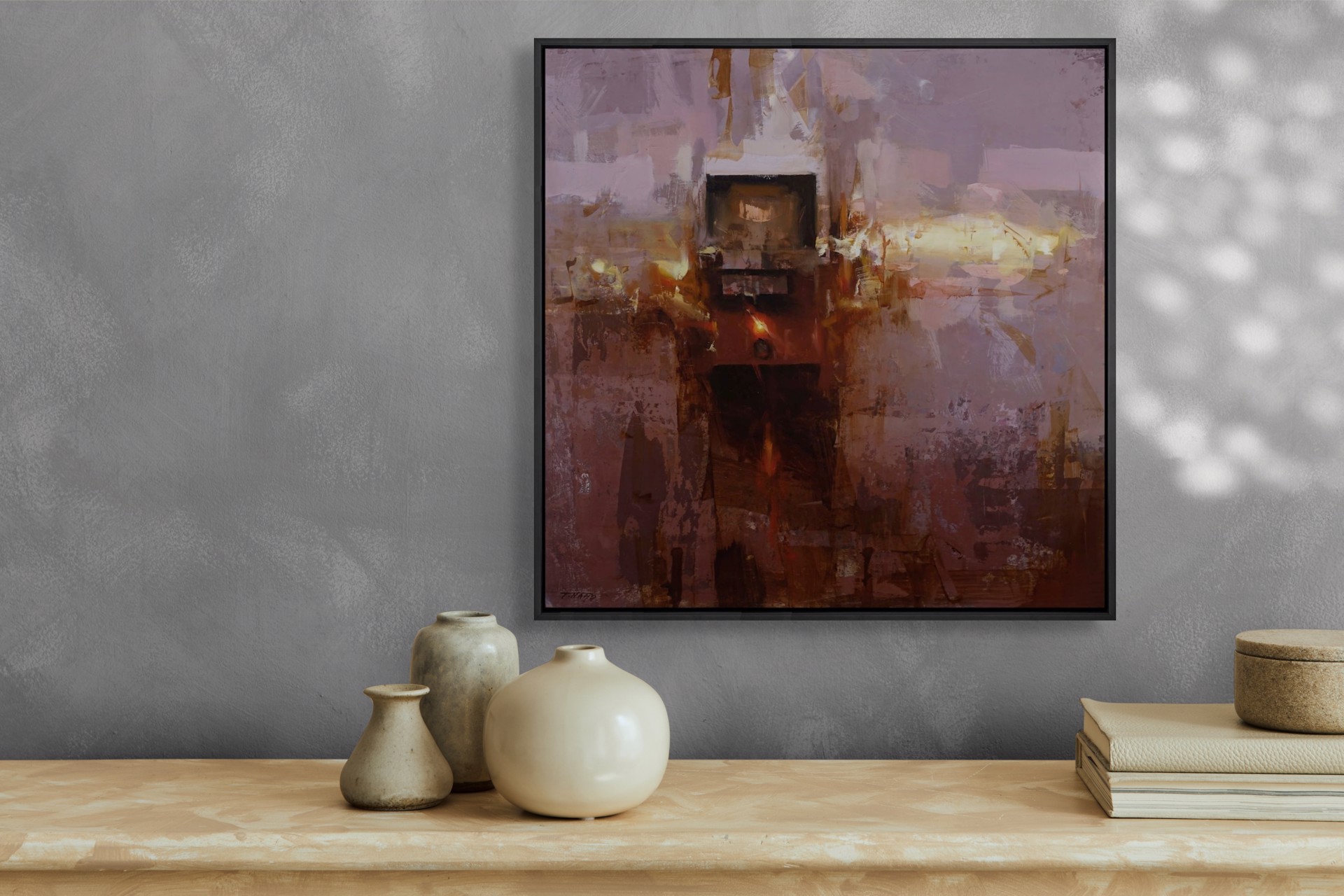 A moody, abstract painting of a dark, rectangular structure emerging from a textured, earthy background.