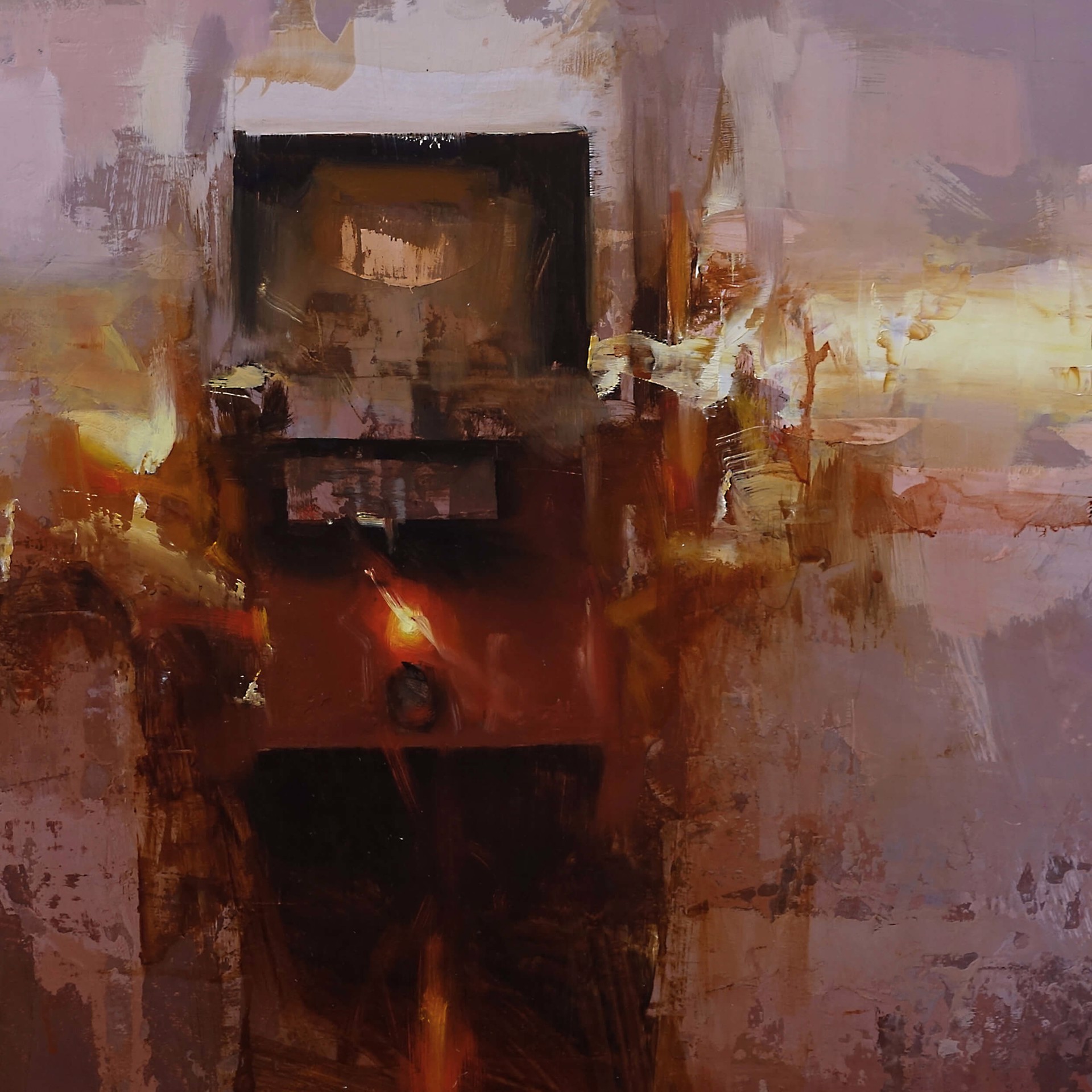 A moody, abstract painting of a dark, rectangular structure emerging from a textured, earthy background.