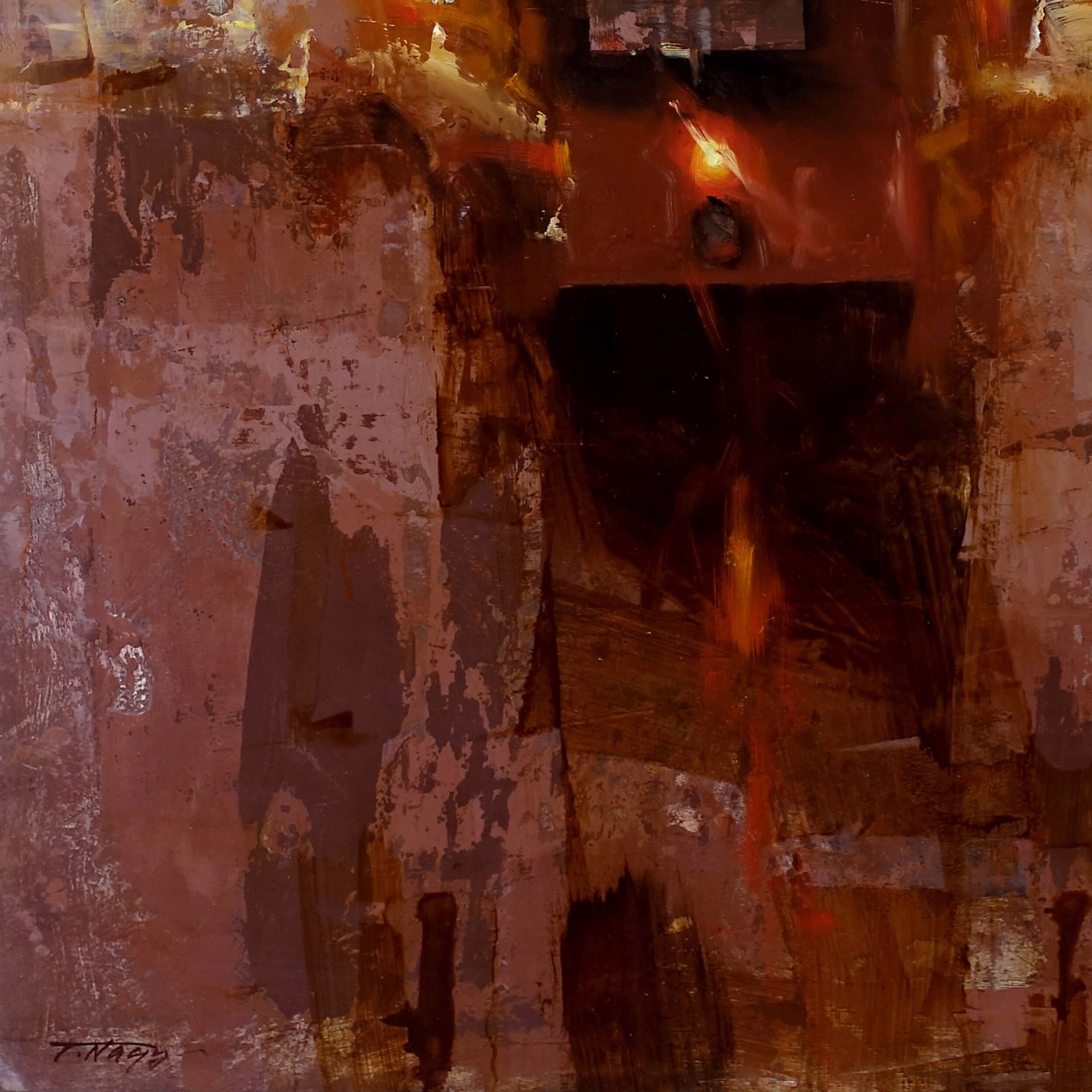 A moody, abstract painting of a dark, rectangular structure emerging from a textured, earthy background.
