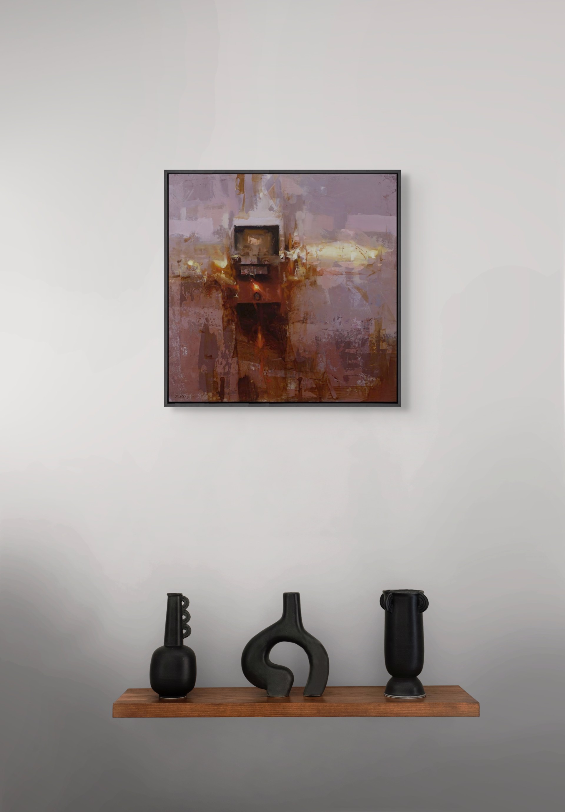 A moody, abstract painting of a dark, rectangular structure emerging from a textured, earthy background.
