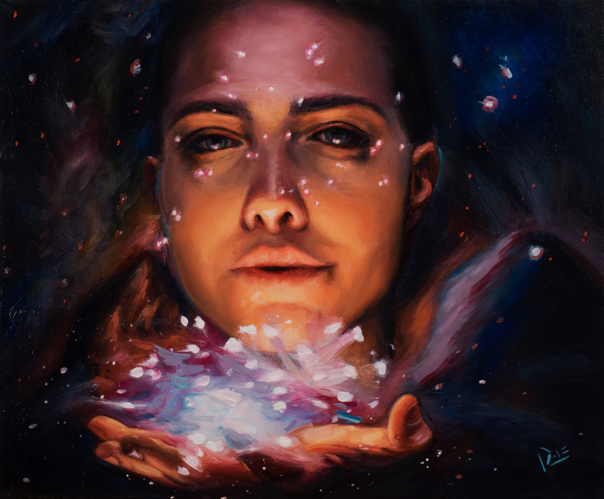 A painting of a woman holding a crystal ball in her hands.