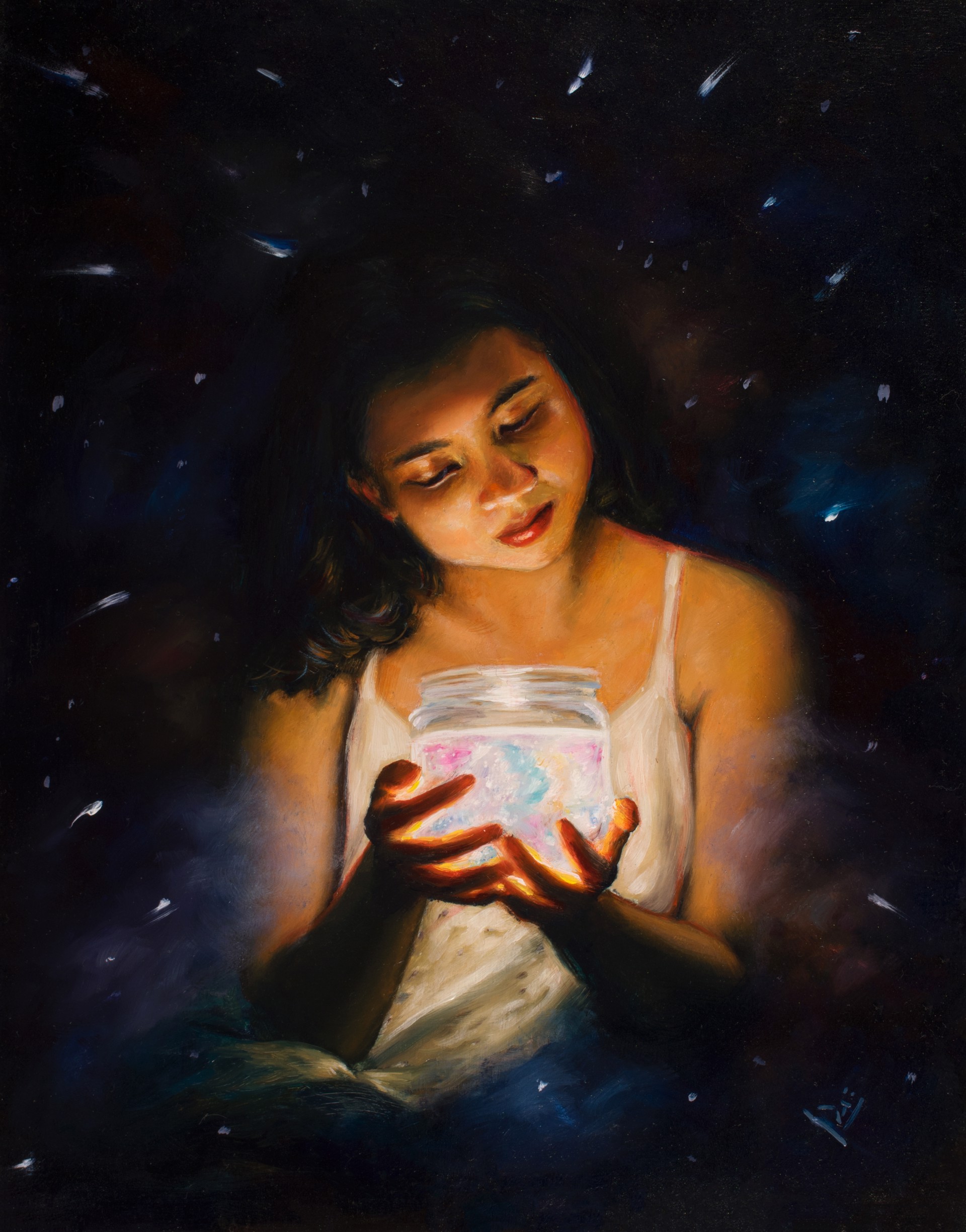 A painting of a woman holding a jar of water.