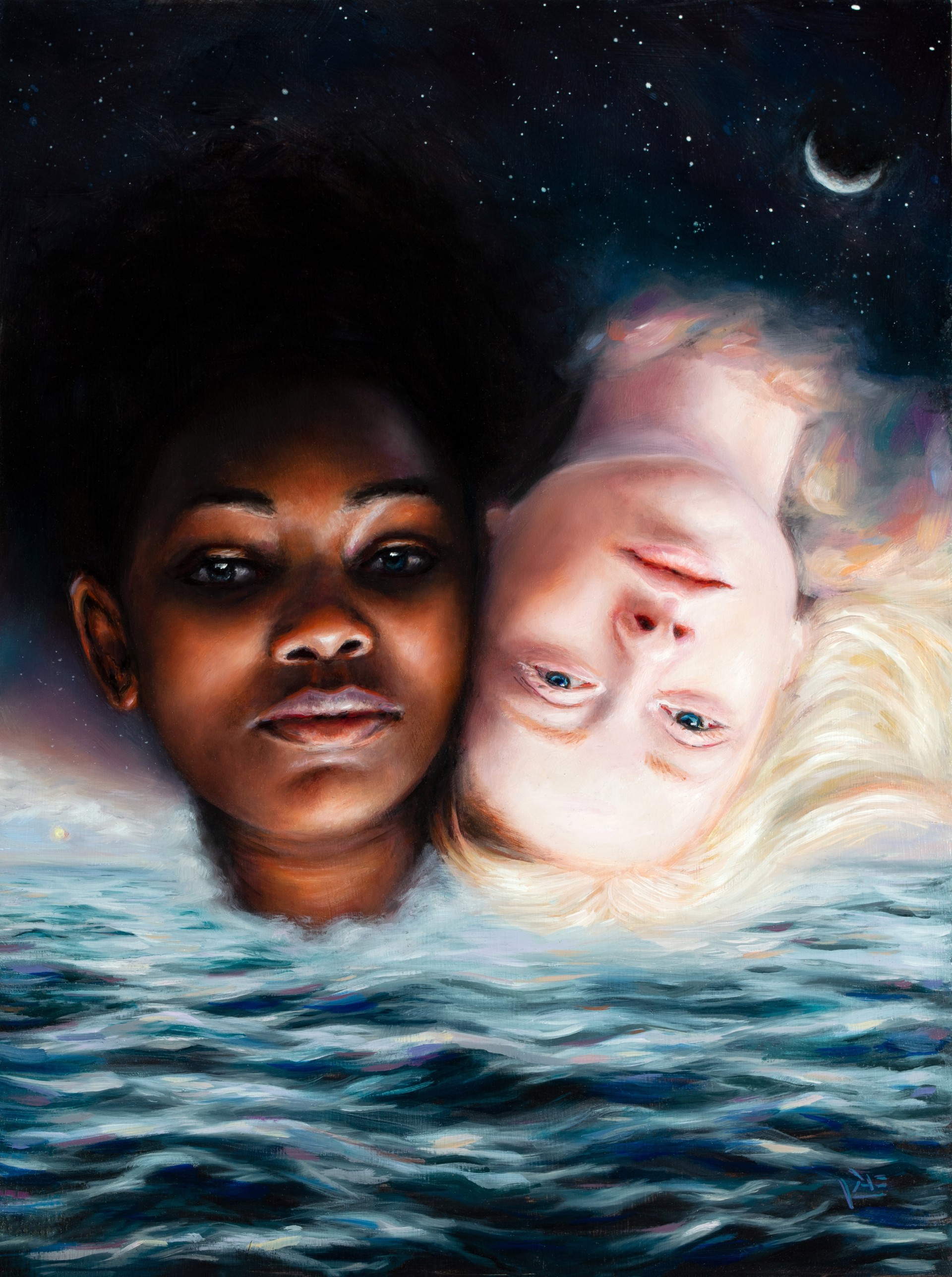 A painting of a woman and a child floating in the water.