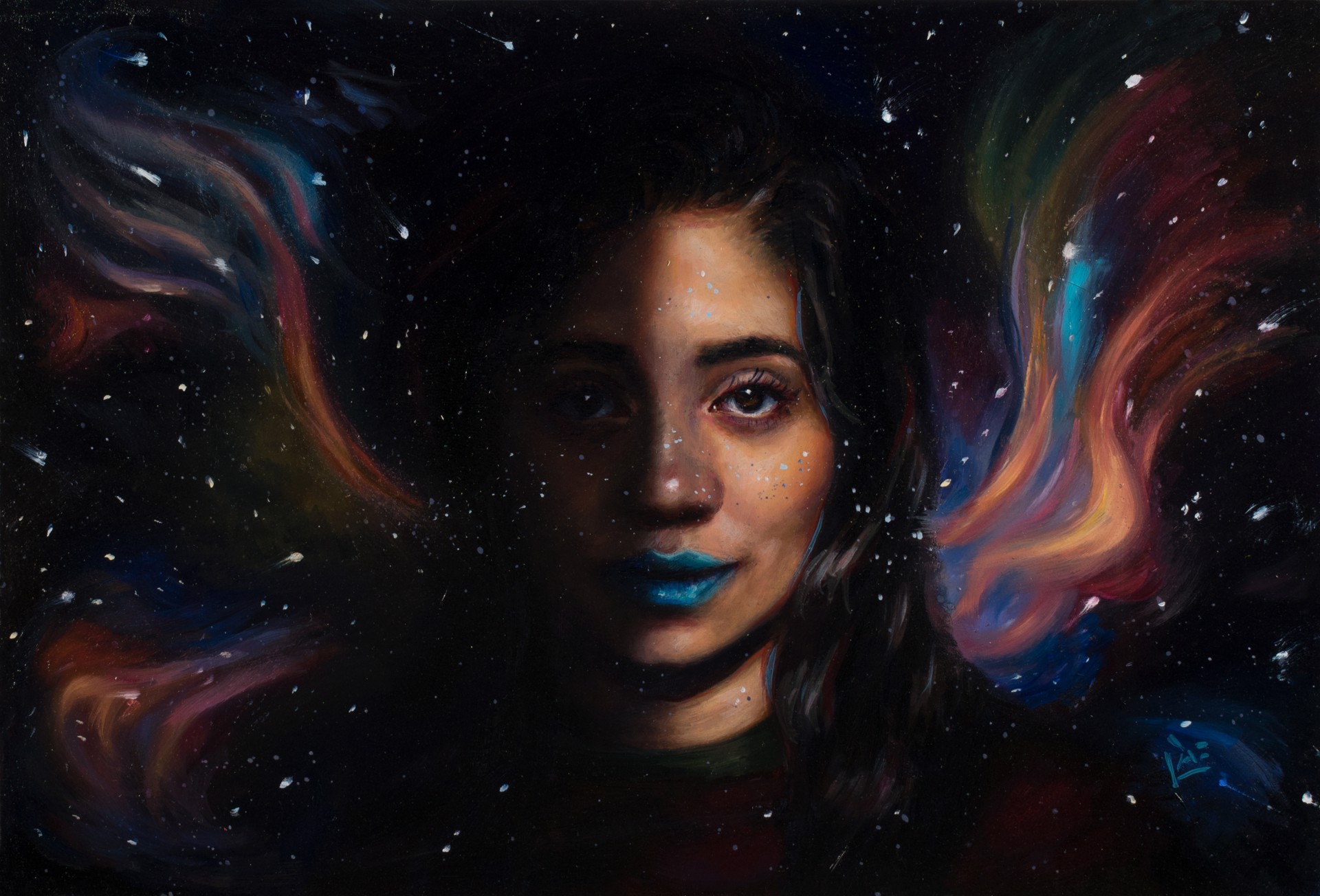 A portrait of a figure with glowing blue lips set against a cosmic nebula background.