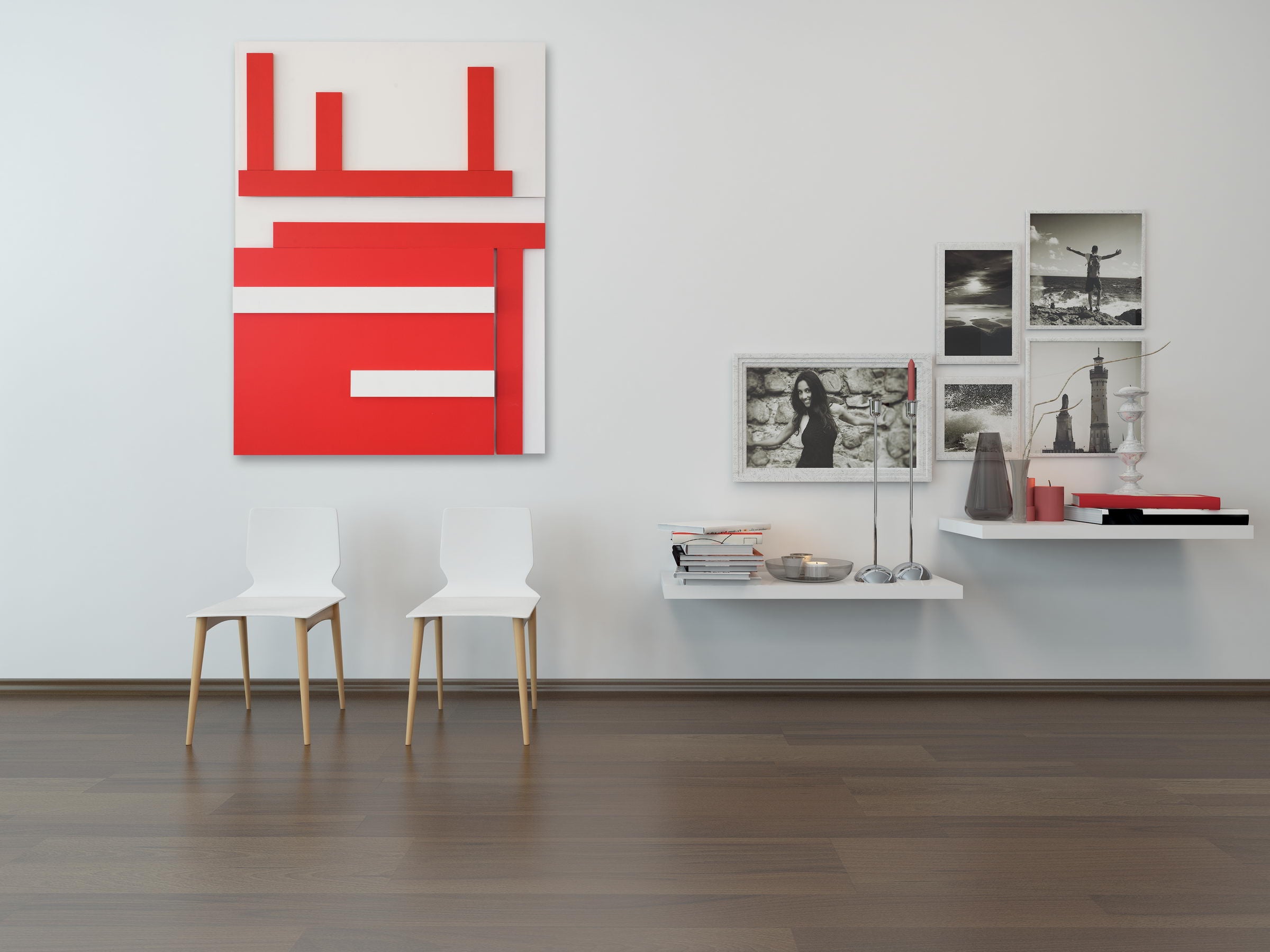 A red and white wall hanging on a white wall.