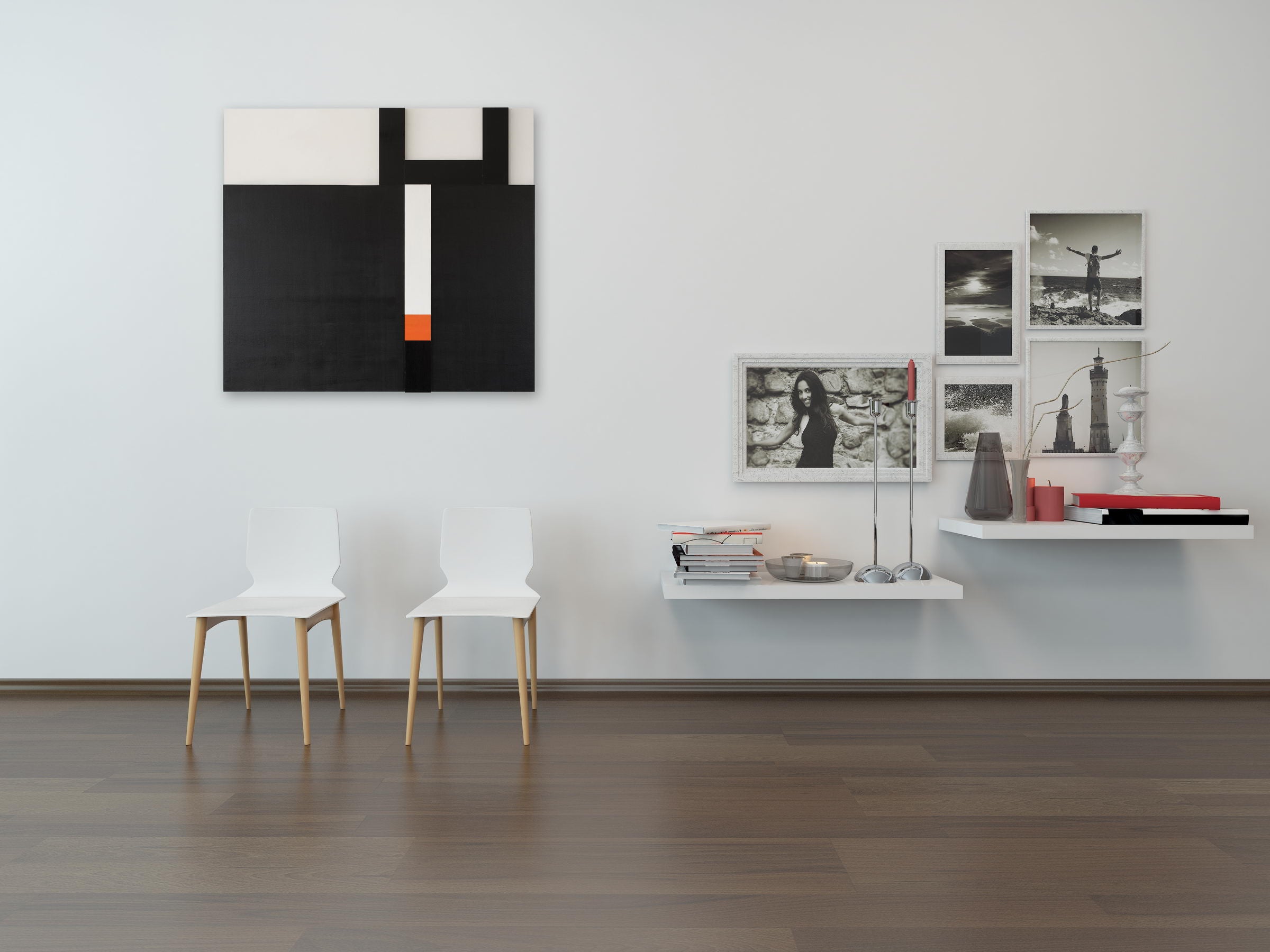 A black and white painting on a white wall.
