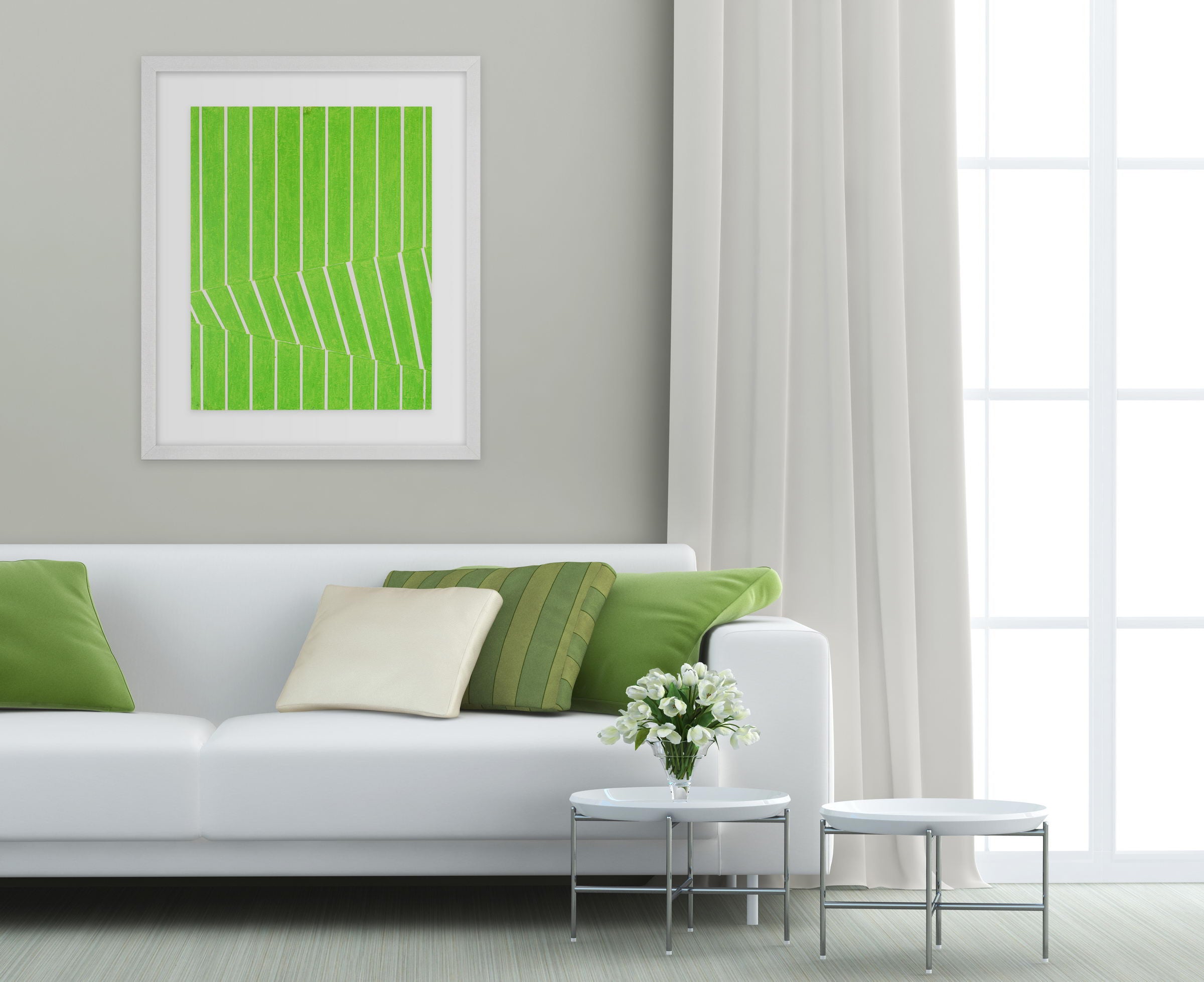 A green and white striped pattern on a white background.