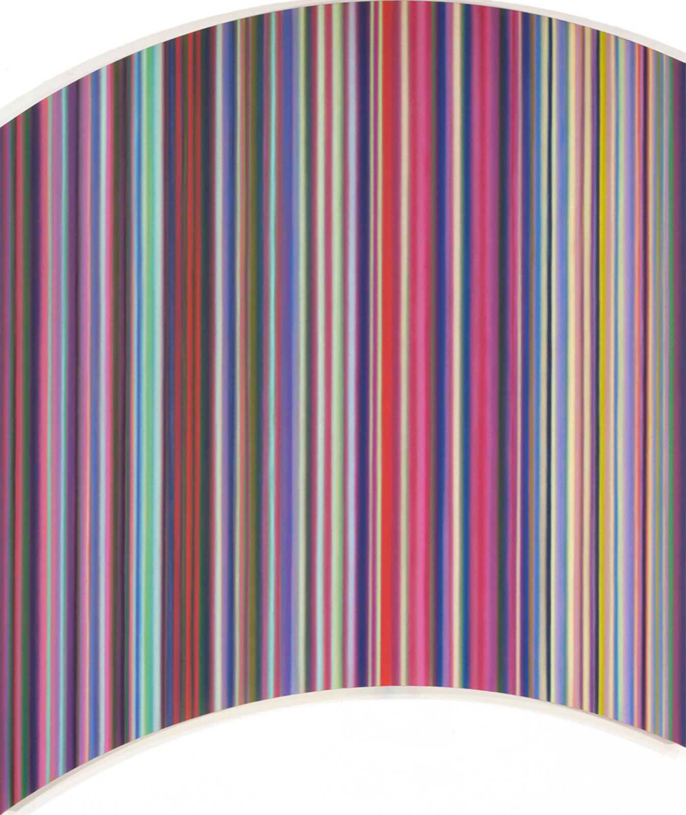 A colorful abstract piece featuring vertical stripes in a rainbow palette.