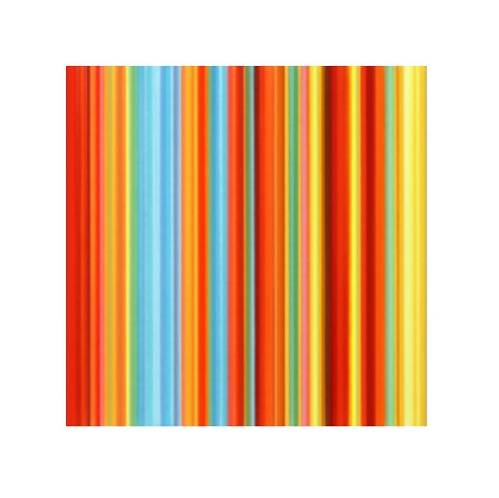 A vibrant abstract composition featuring vertical stripes in a spectrum of warm and cool colors.