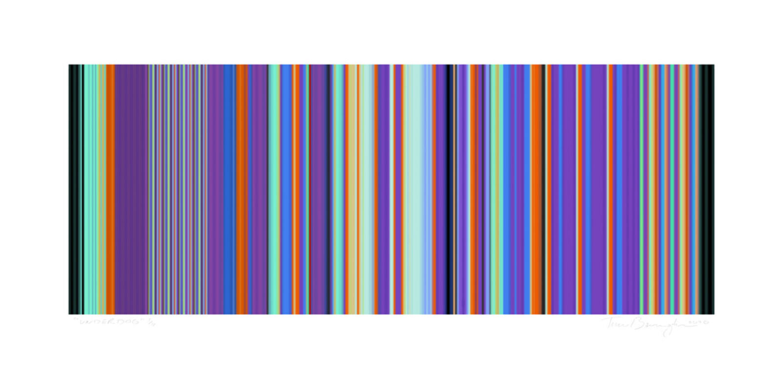 A vibrant abstract print featuring a dense array of vertical colored stripes.