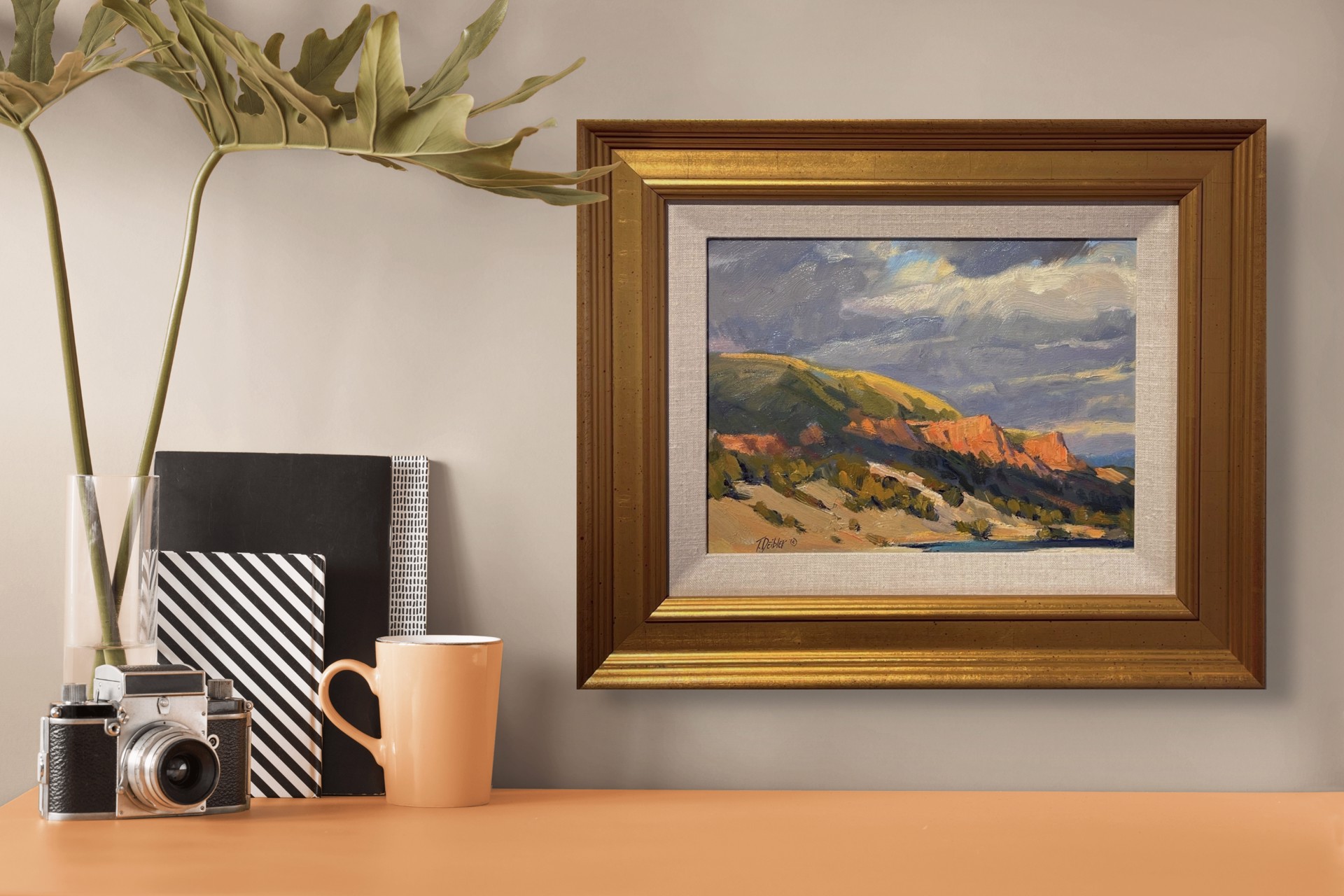 A painting of a landscape with mountains in the background.