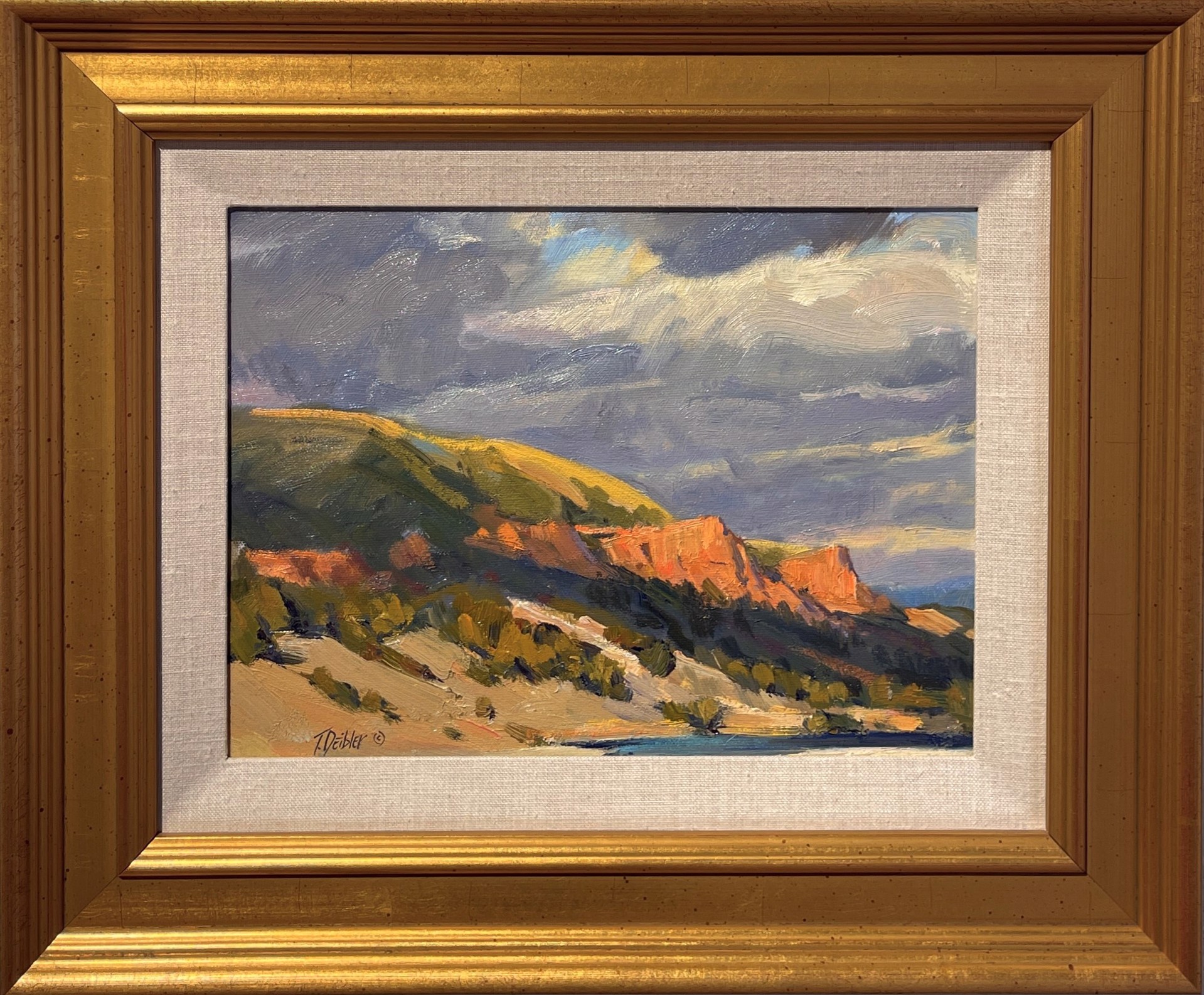 A painting of a landscape with mountains in the background.