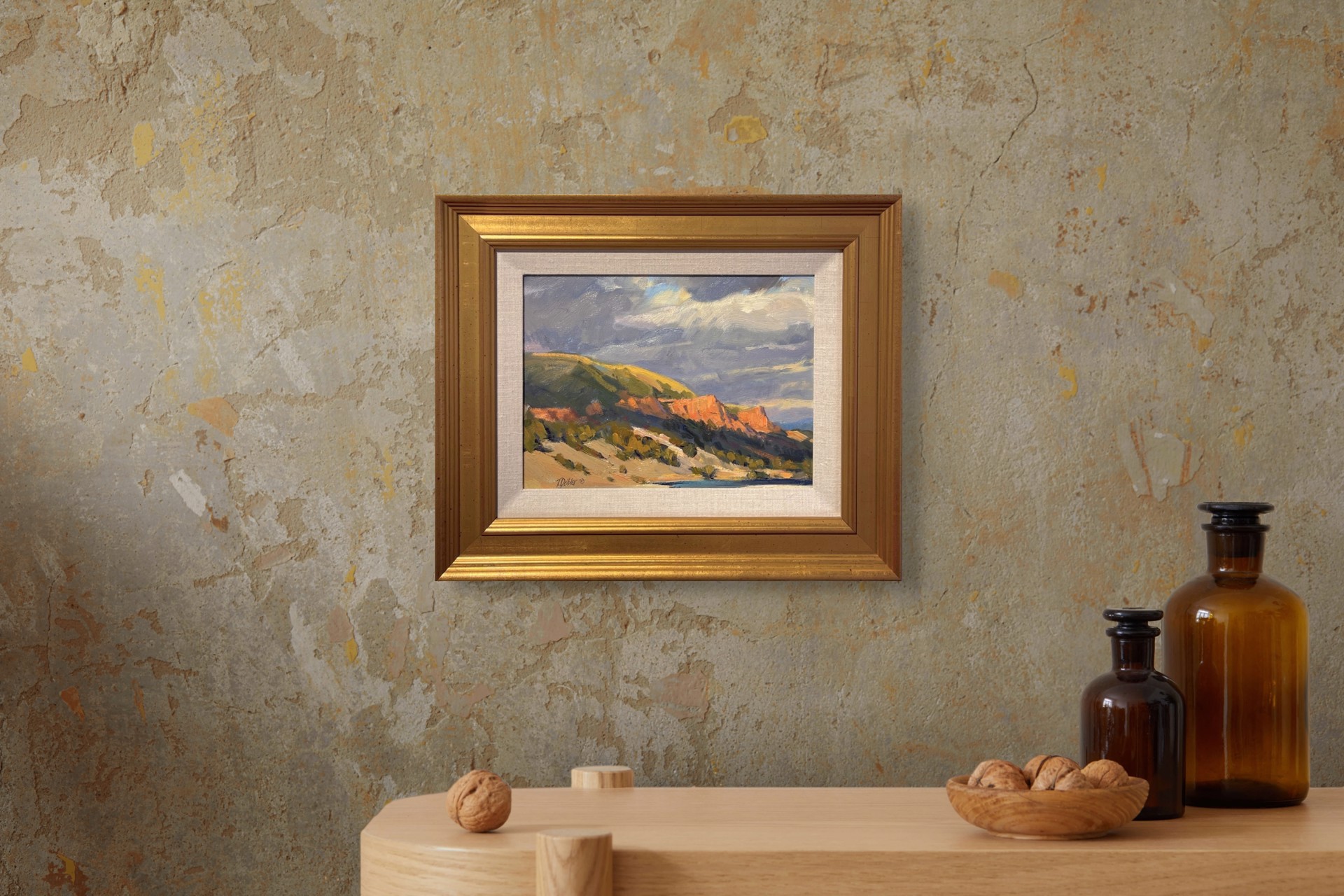 A painting of a landscape with mountains in the background.