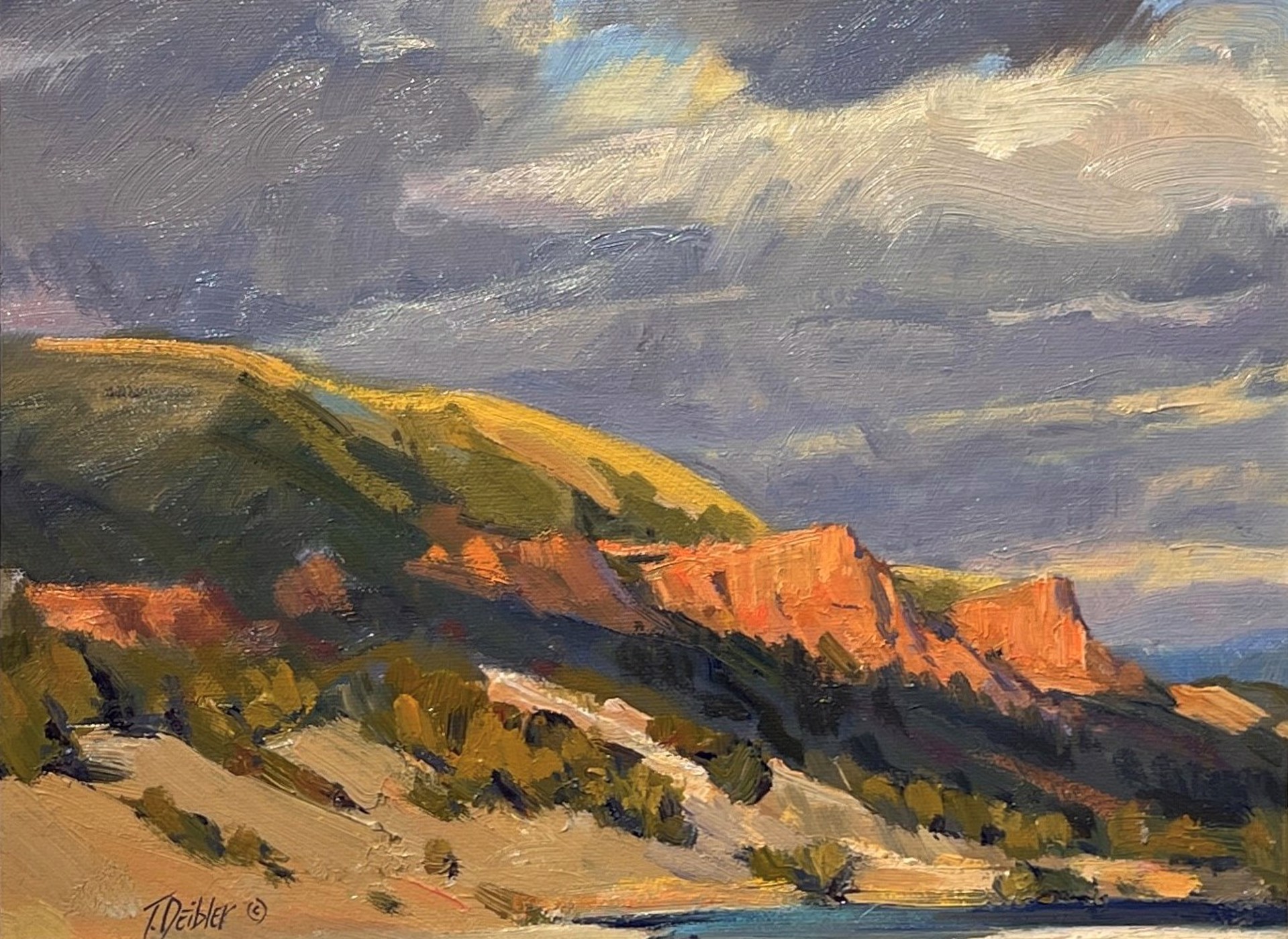 A painting of a landscape with mountains in the background.