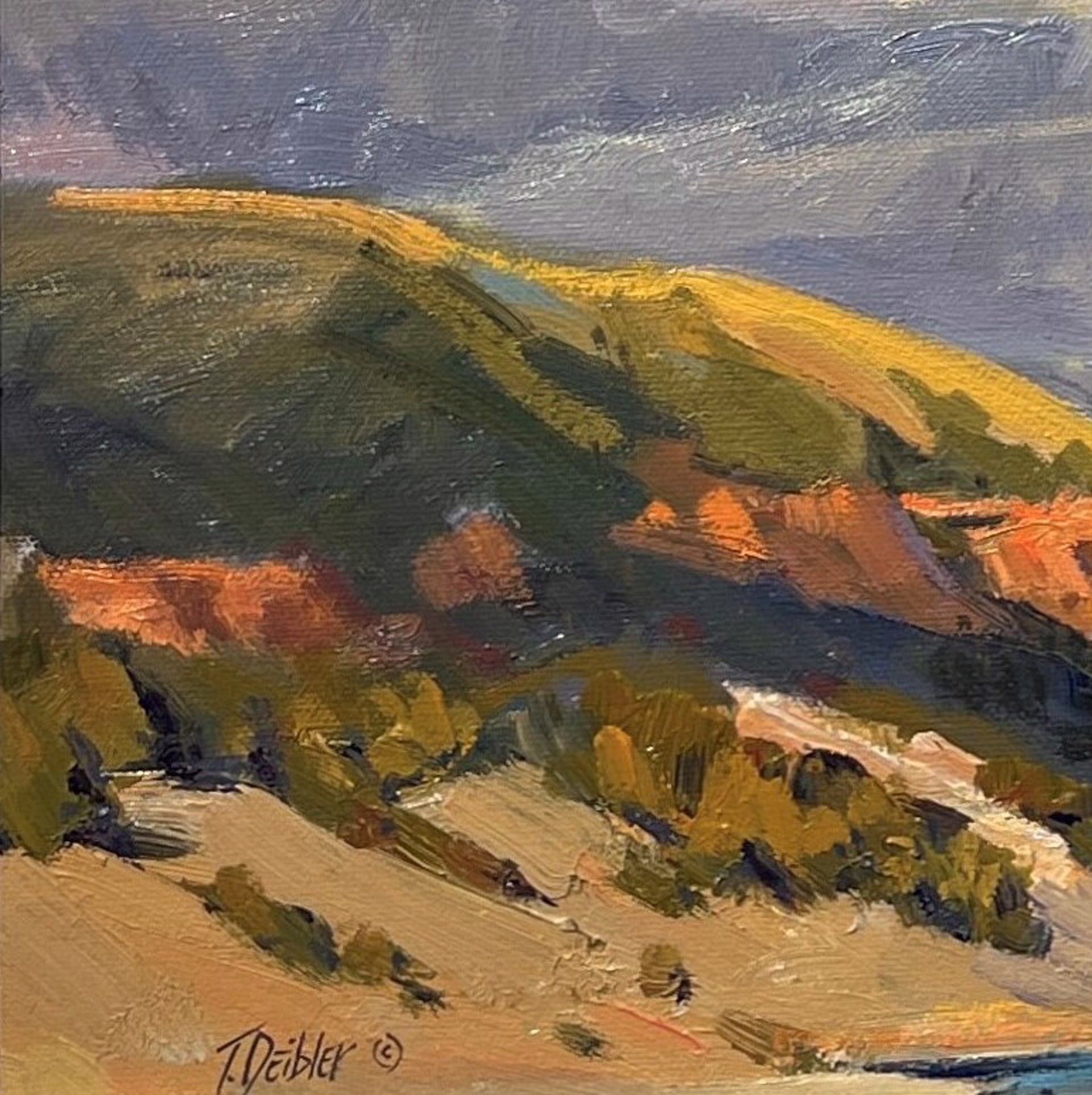 A painting of a landscape with mountains in the background.