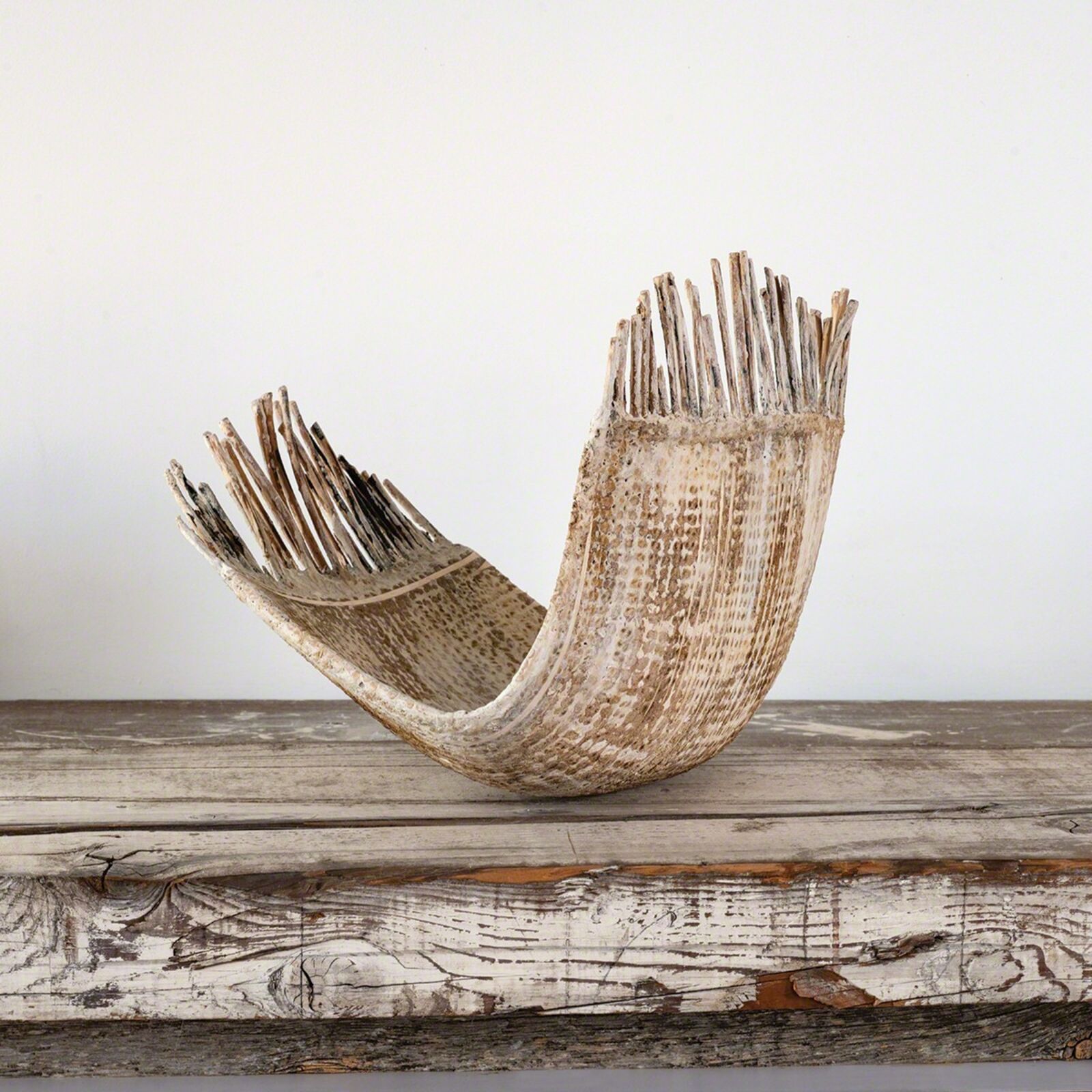 A rustic wooden bowl with a natural, organic texture sits on a weathered plank.