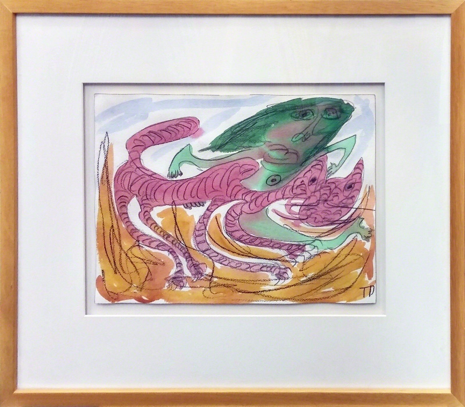 A surreal watercolor drawing of a green, fish-like creature with a human face riding atop a pink, segmented serpent.